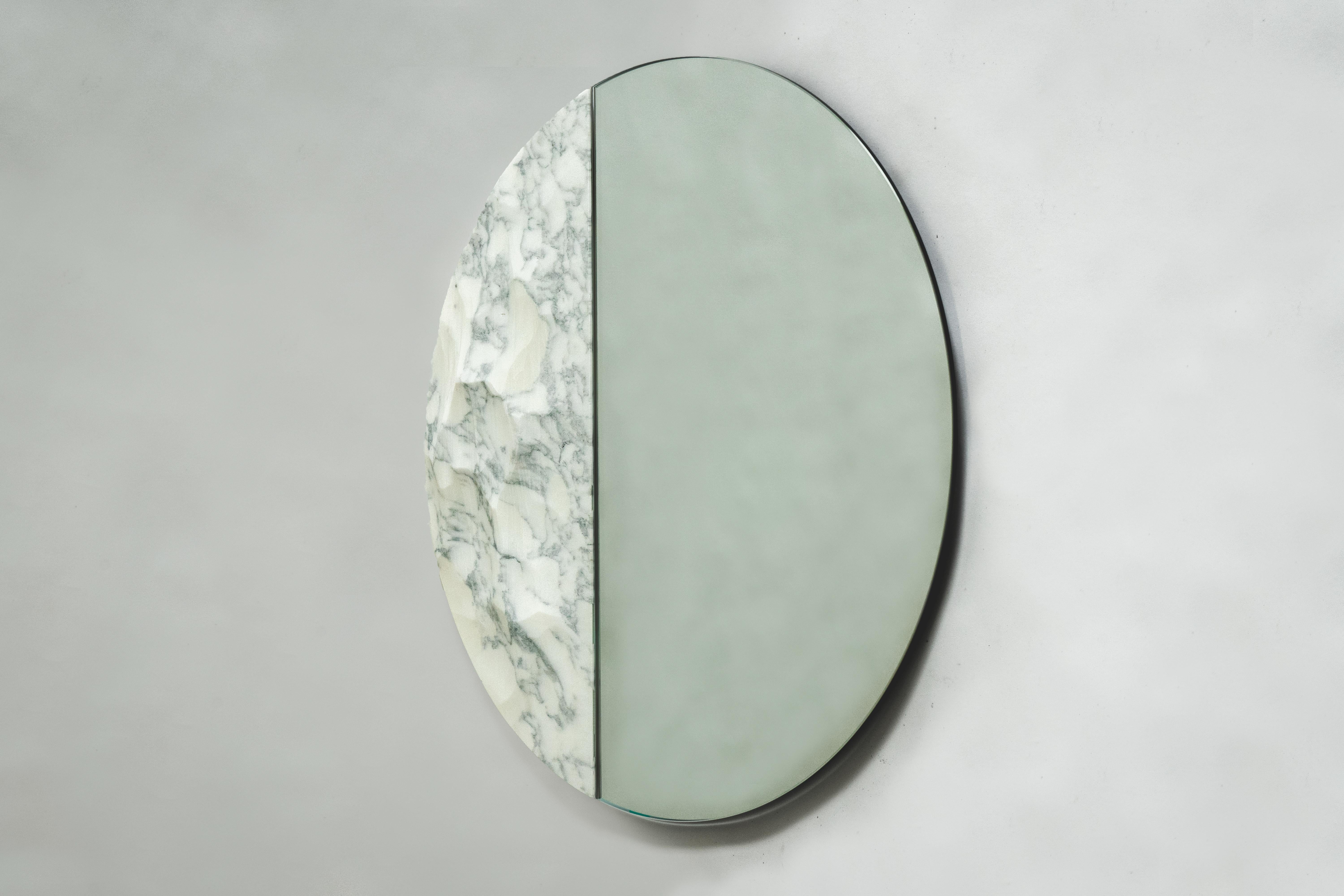 Contemporary Snowmotion Carved Carrara Marble Rounded Mirror For Sale