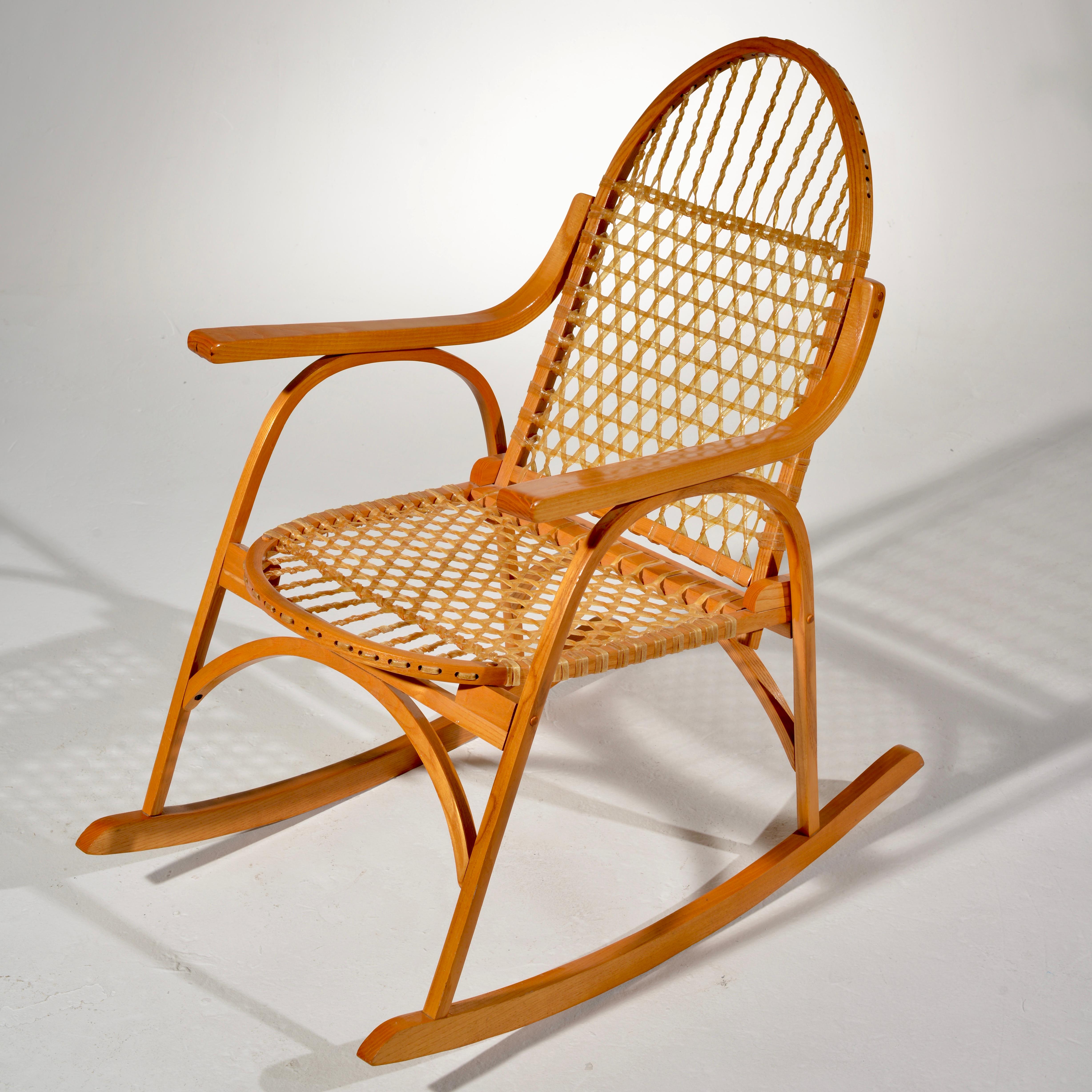 Leather Snowshoe Oak Rocking Chair with Rawhide Lacing by Vermont Tubbs