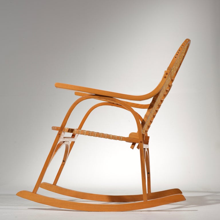 Snowshoe Oak Rocking Chair with Rawhide Lacing by Vermont Tubbs at 1stDibs