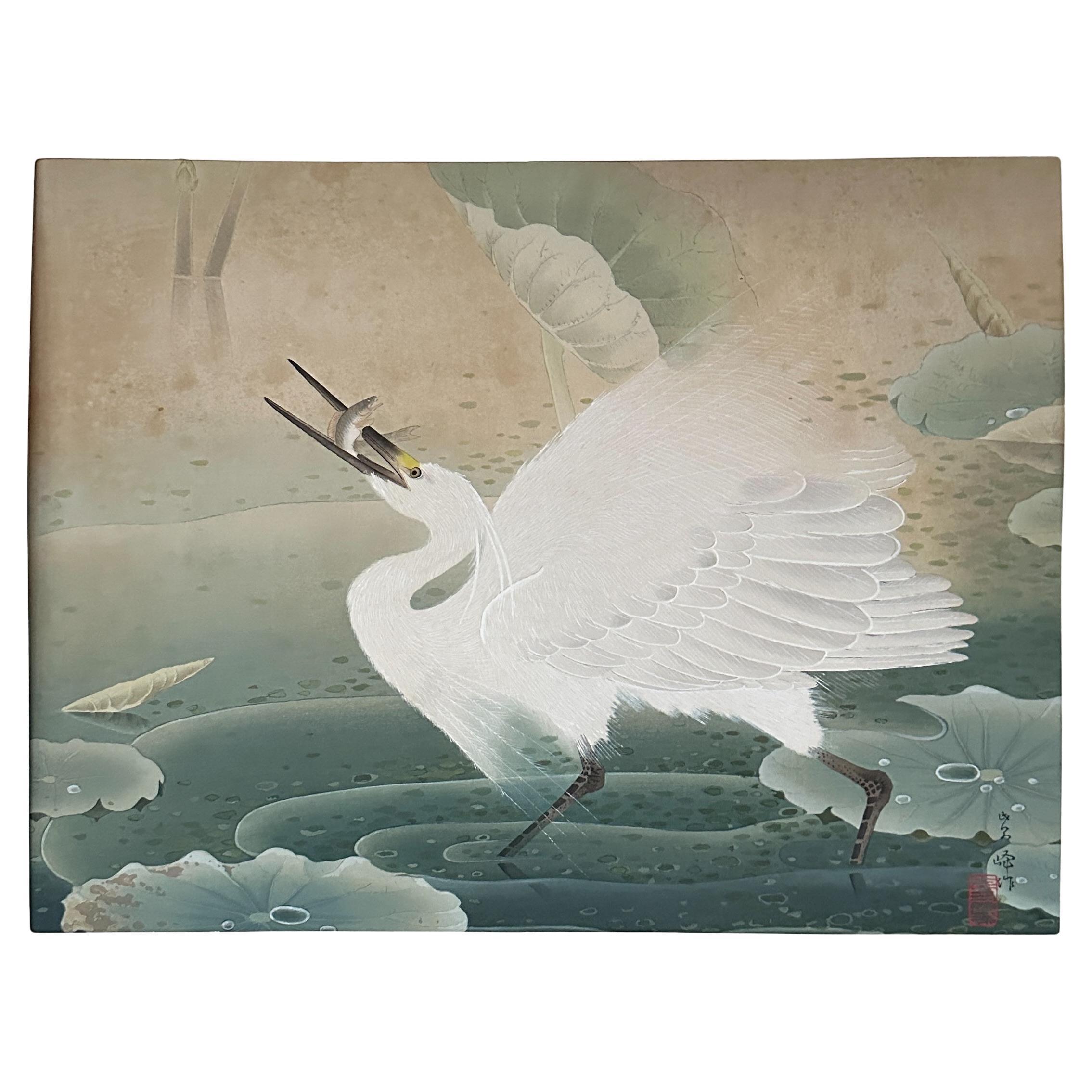 "Schneereiher im Lotusteich" - Holzschnitt in limitierter Auflage von Shiho Sakakibar im Angebot