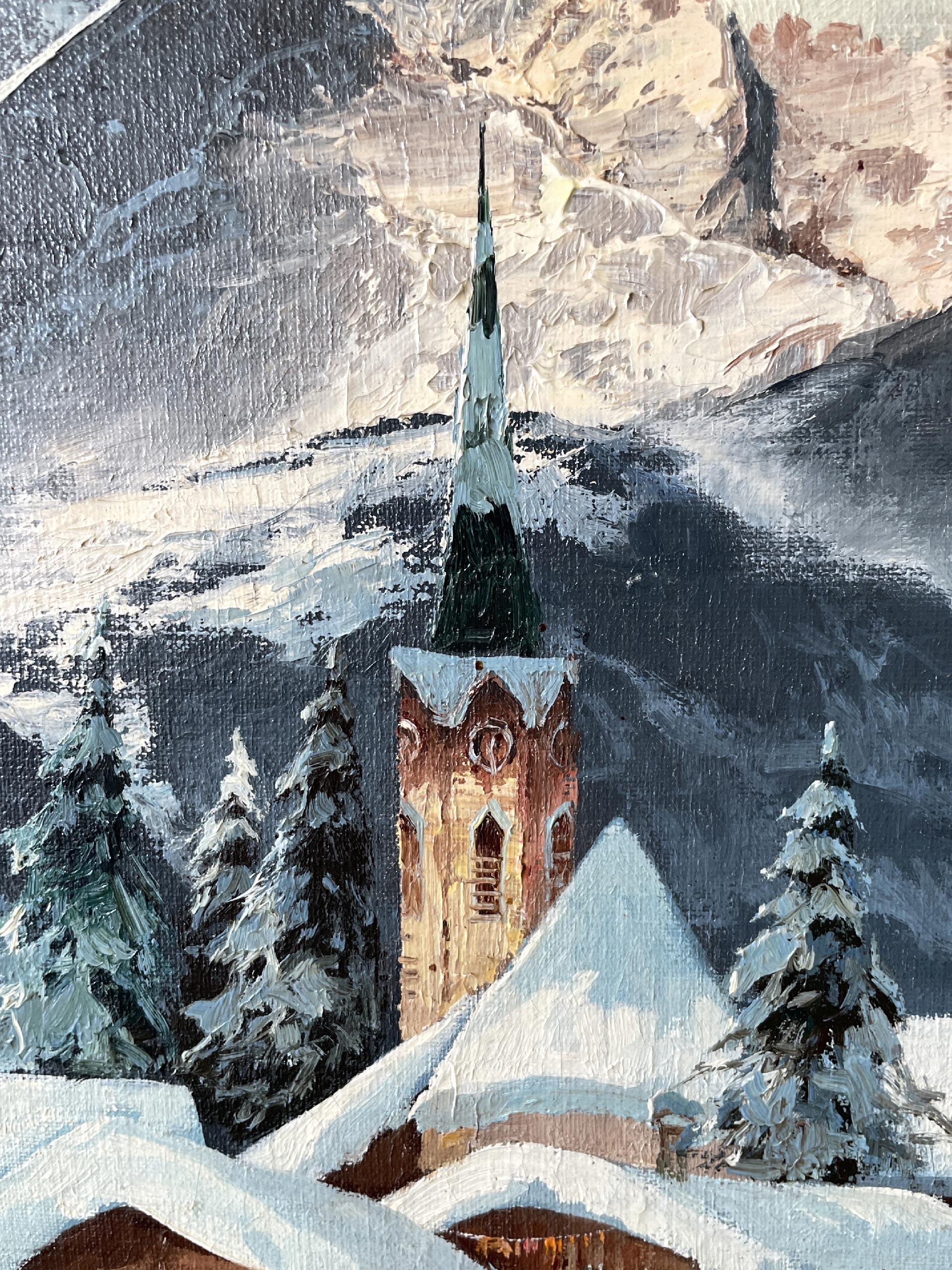 German Snowy Landscape by Arno Lemke Oil on Canvas, 1950