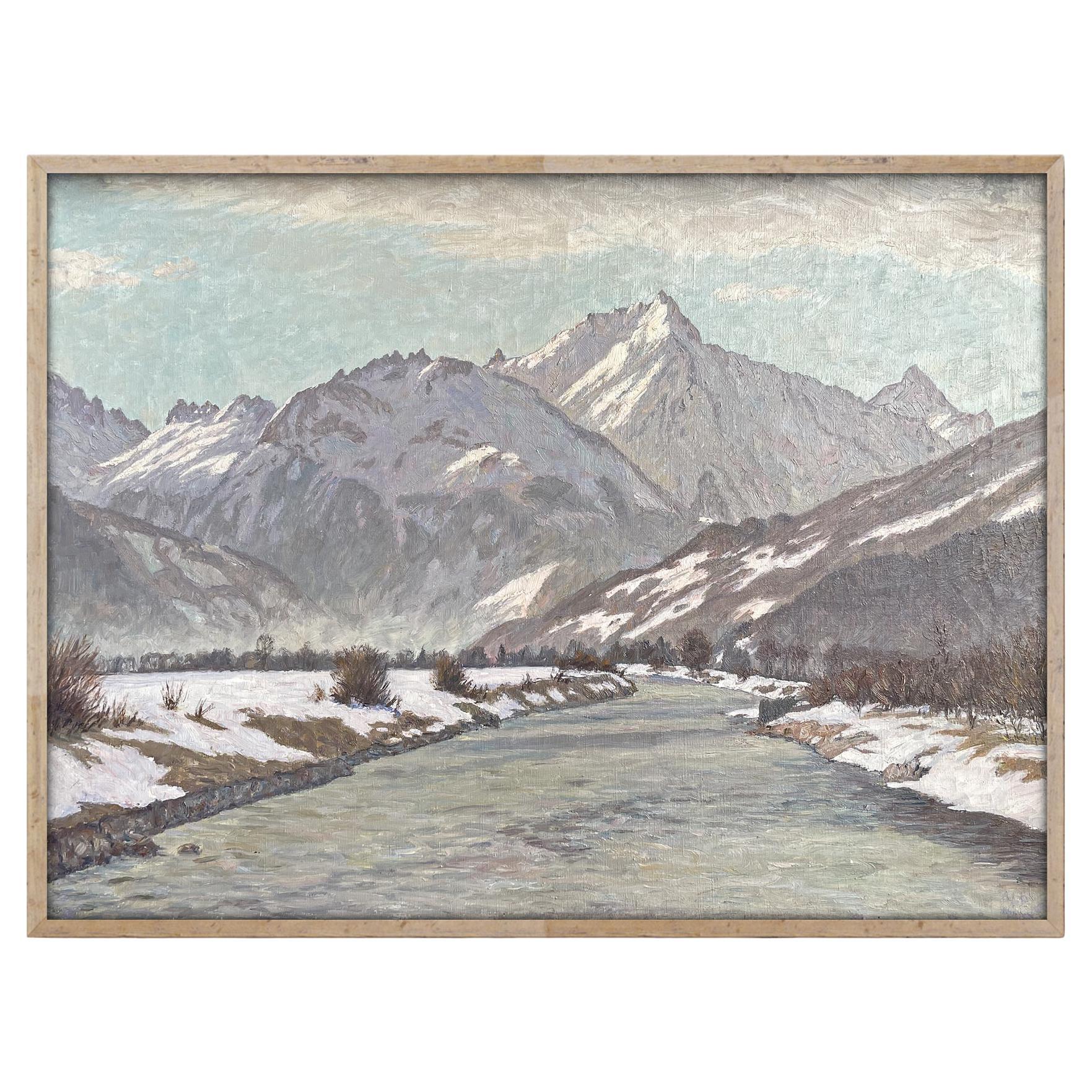 Snowy Landscape Oil On Canvas by Alex Weise - Dolomites 1930 For Sale