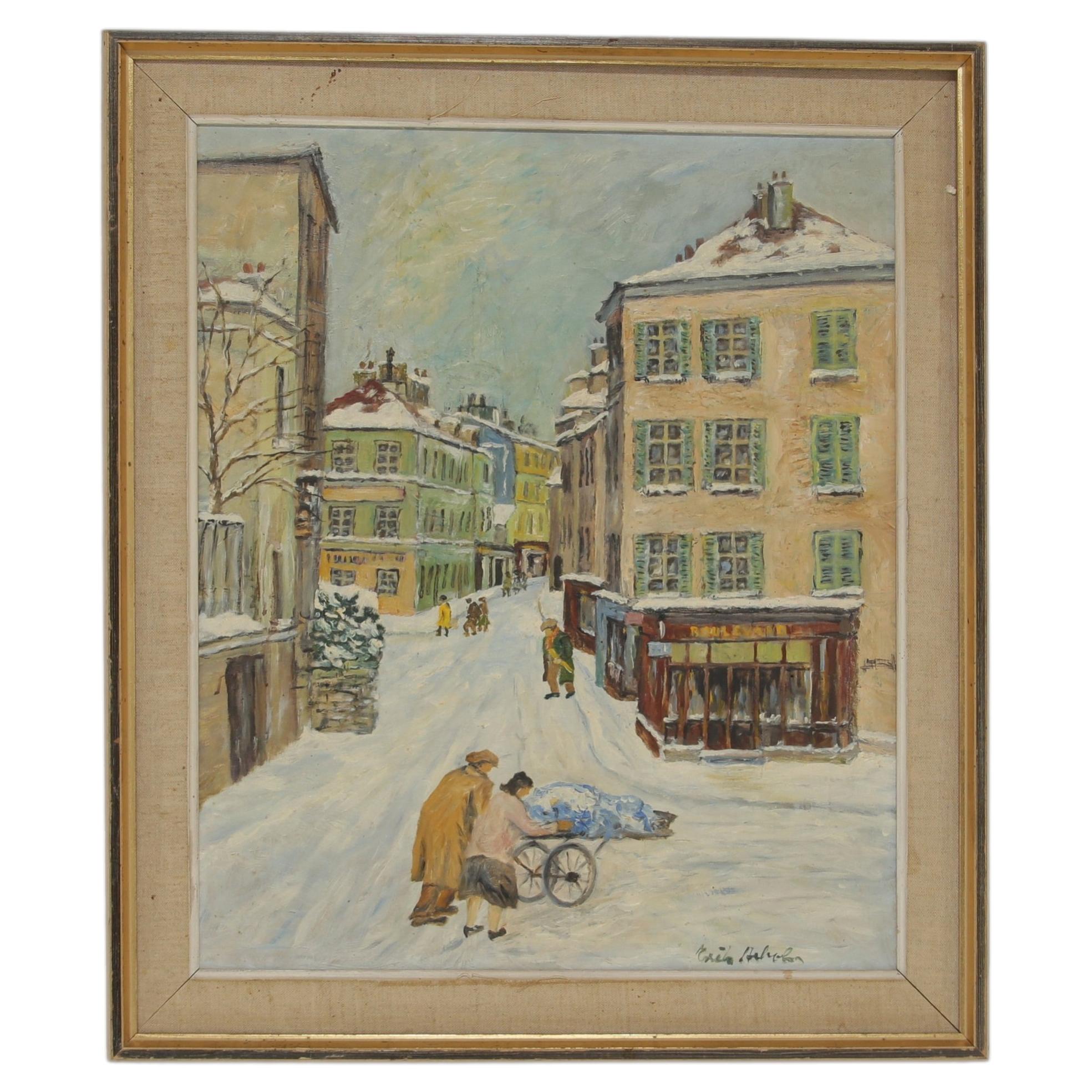 ‘Snowy Parisian Scene’, oil on board, Post-Impressionist Style, signed. For Sale