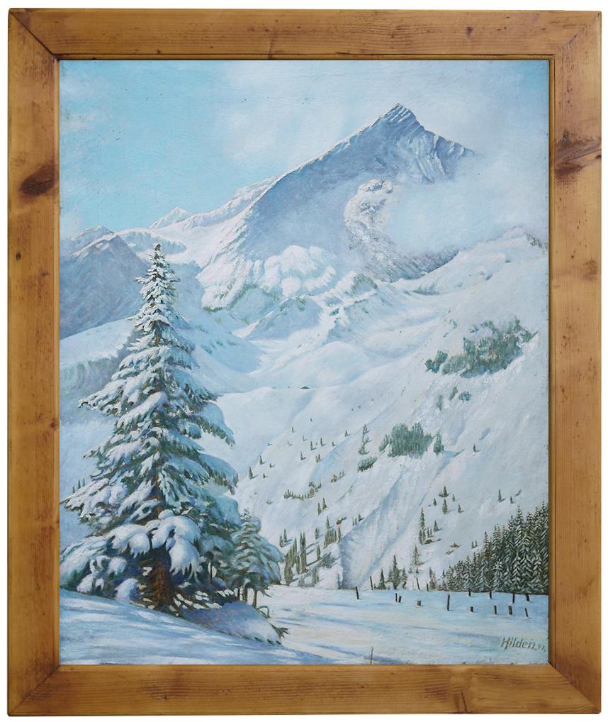 Snow-capped peaks - Hilden 1947

Measures: cm100 x cm80 (only canvas, without frame) - cm115 x cm95 with frame - oil on canvas

Winter representation of a snow-capped peak in the Alps.
A cloud just below the Summit, on the right, makes the
