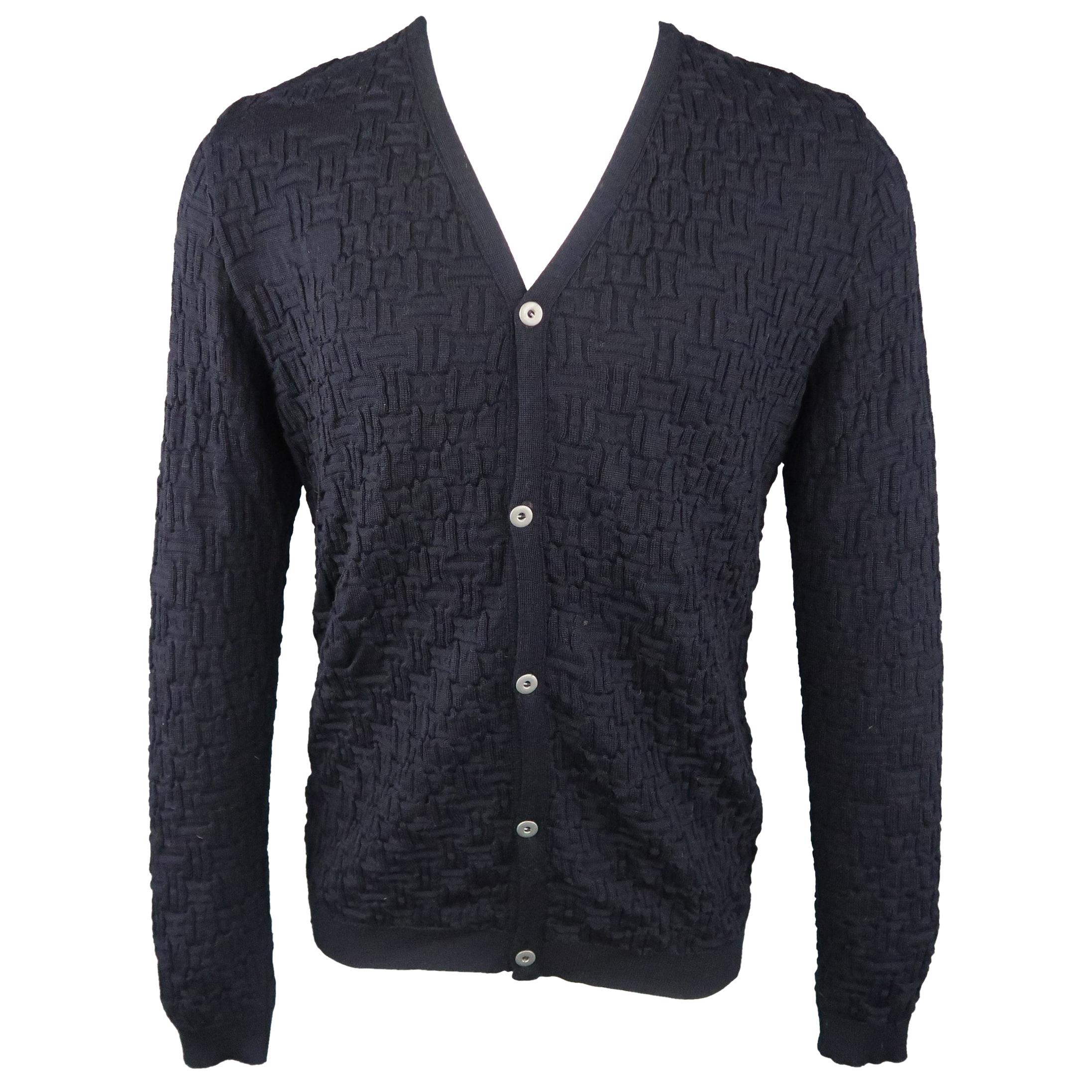S.N.S HERNING Size M Navy Wool Textured Knit V Neck Cardigan