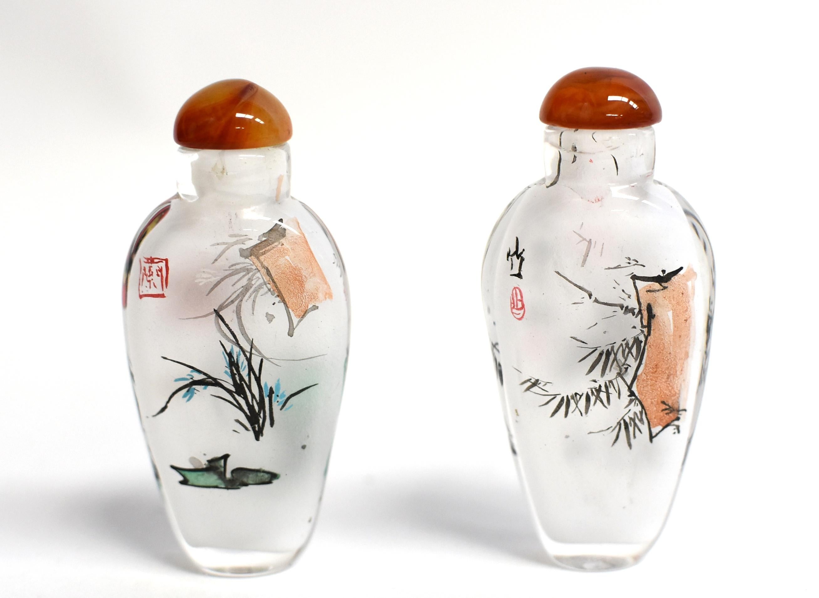 Chinese Snuff Bottles Églomisé Reverse Painted Set 4 Bamboo Iris For Sale