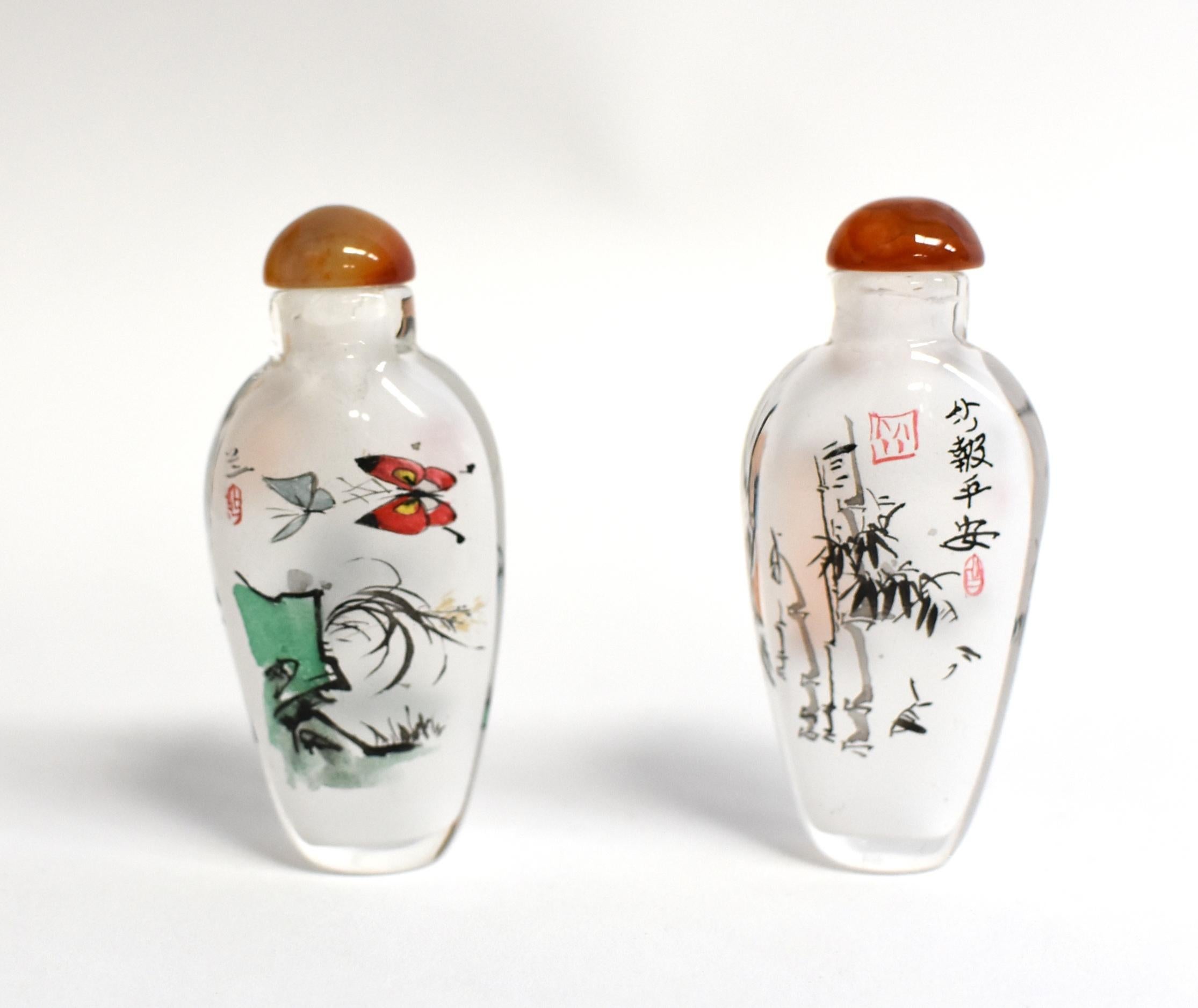 Snuff Bottles Églomisé Reverse Painted Set 4 Bamboo Iris In New Condition For Sale In Somis, CA