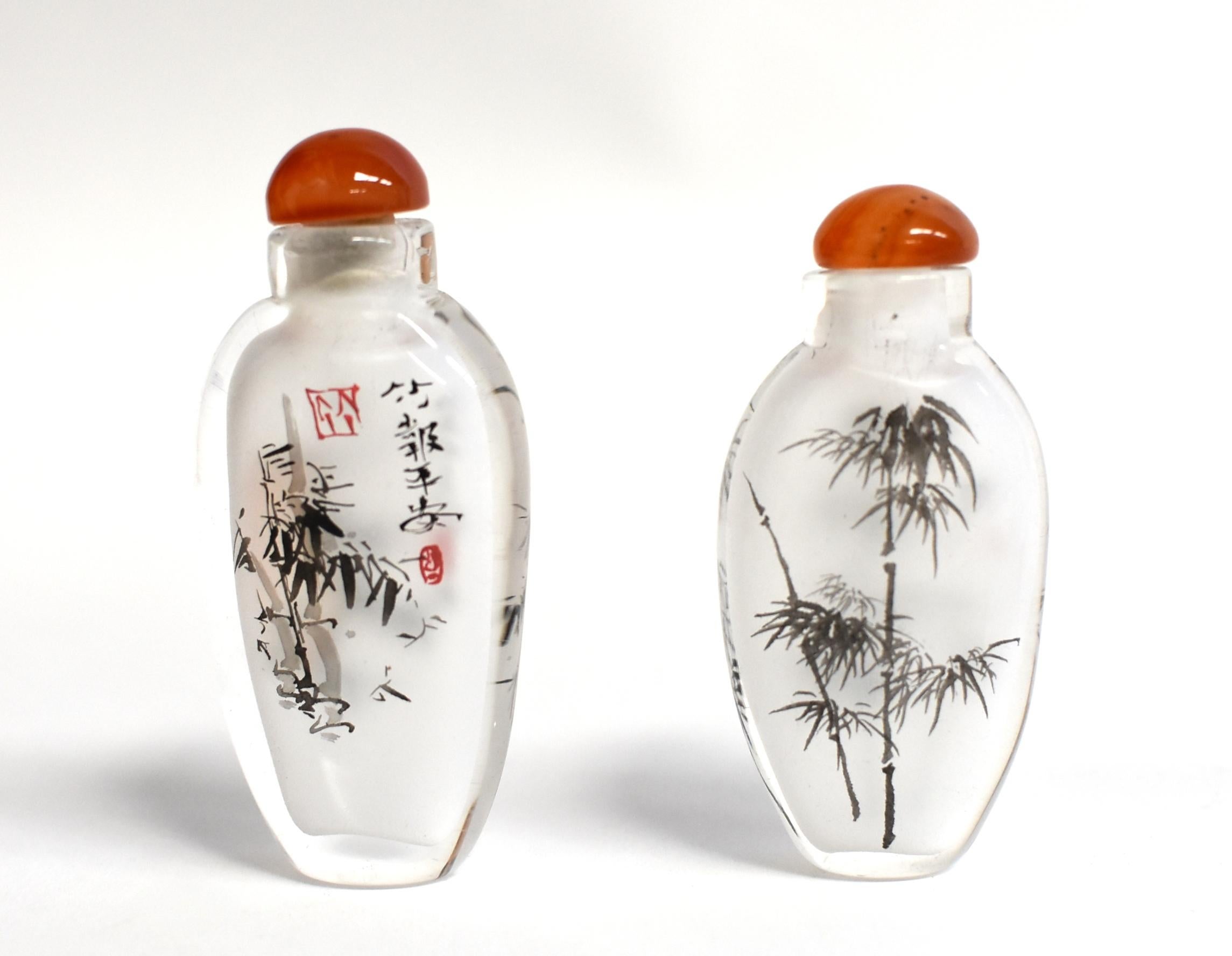 Contemporary Snuff Bottles Églomisé Reverse Painted Set 4 Bamboo Iris For Sale