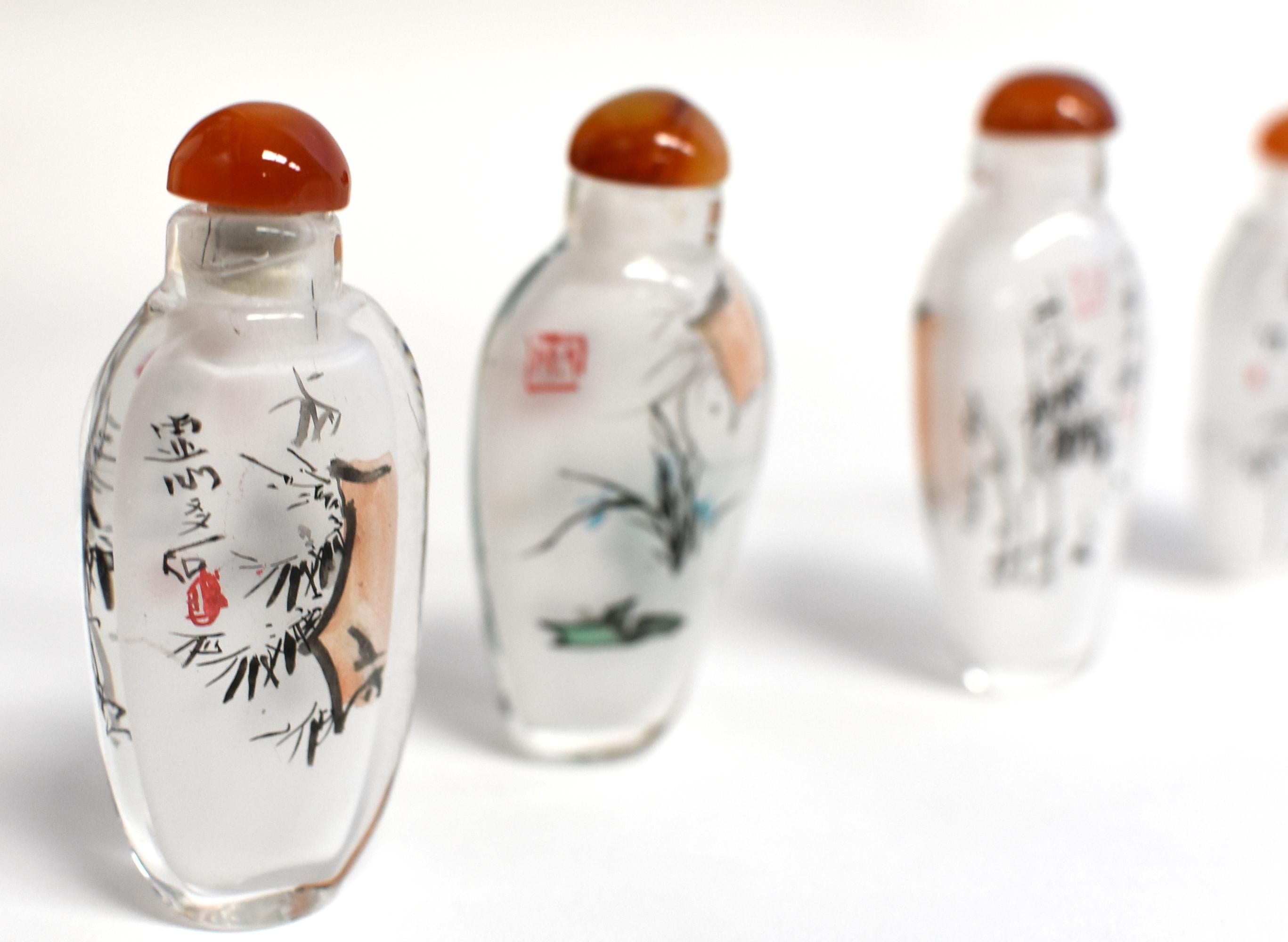 Snuff Bottles Églomisé Reverse Painted Set 4 Bamboo Iris For Sale 3