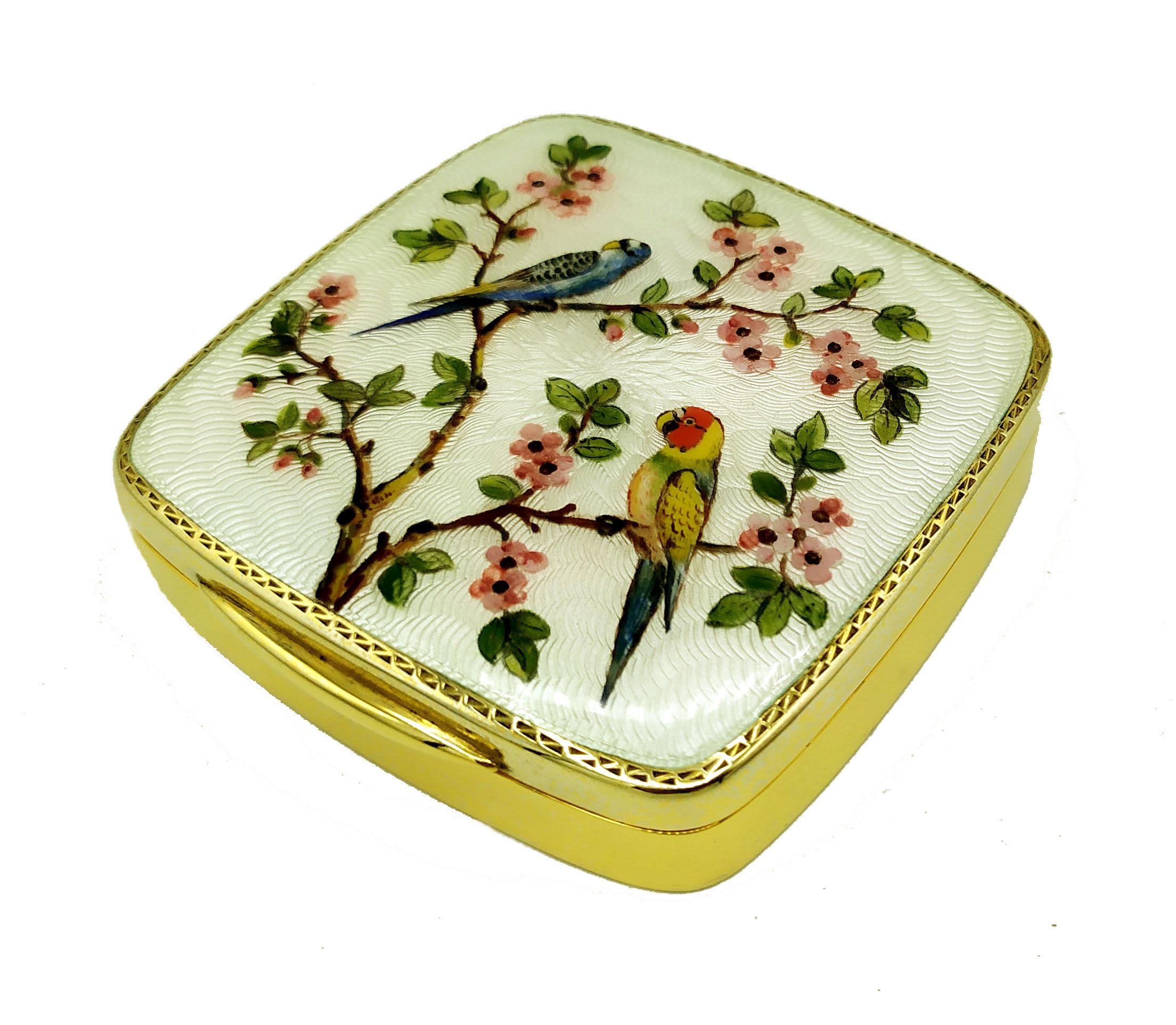 Mid-Century Modern Snuff Box Parrotlets on Flowering Branches. Art Nouveau Style Sterling Silver En For Sale