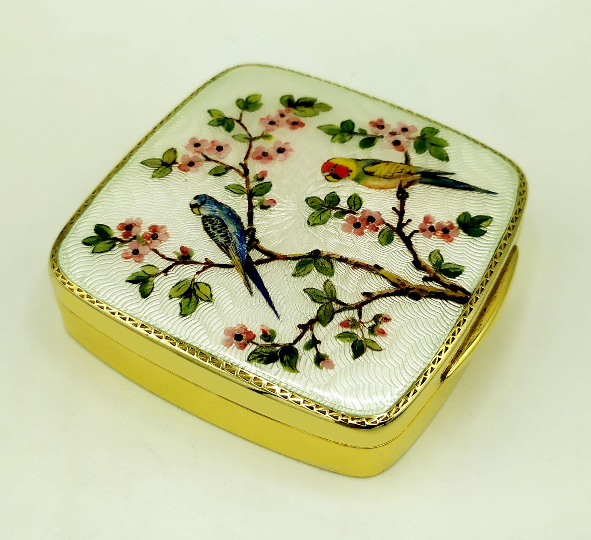 Italian Snuff Box Parrotlets on Flowering Branches. Art Nouveau Style Sterling Silver En For Sale