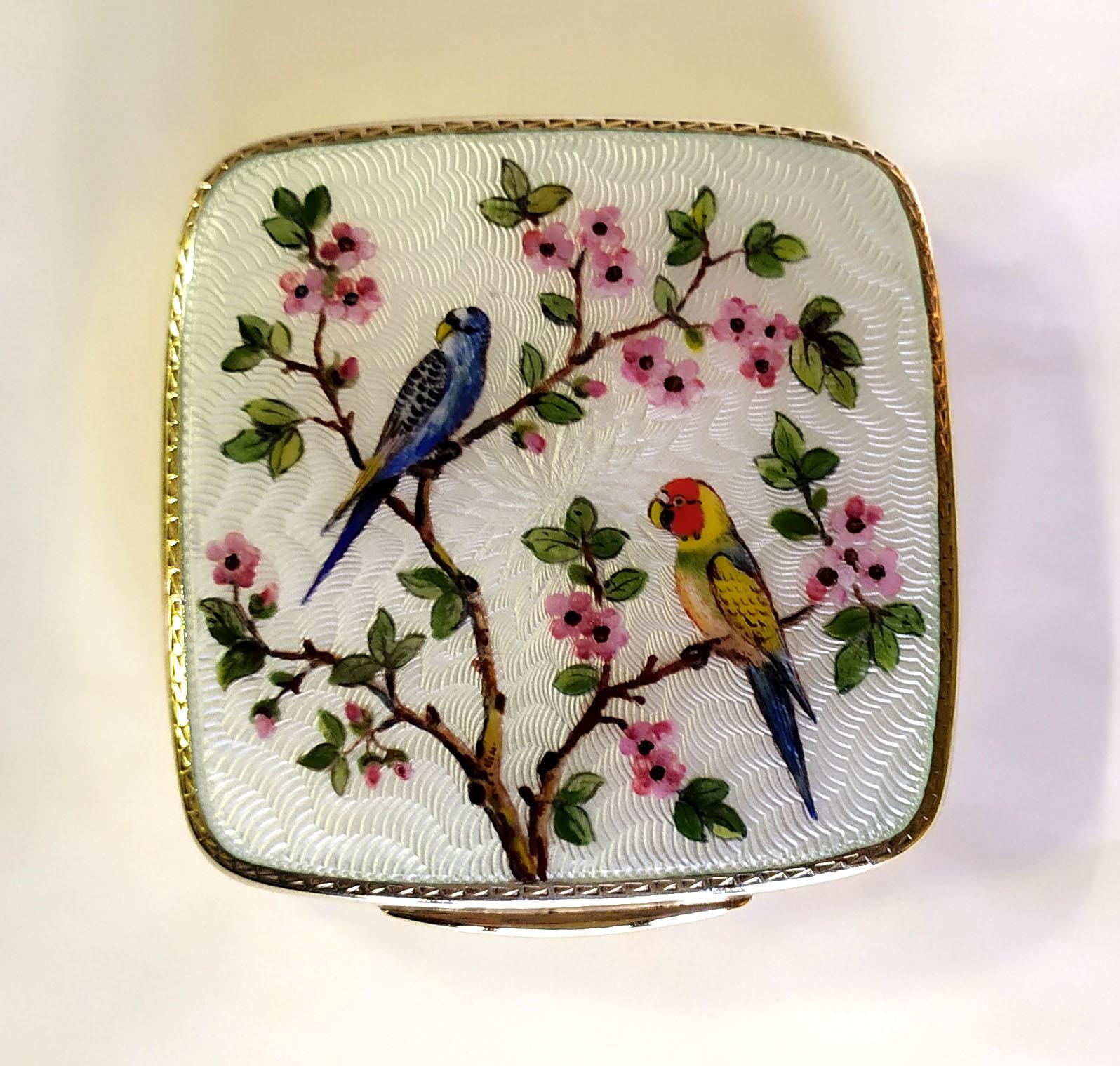 Plated Snuff Box Parrotlets on Flowering Branches. Art Nouveau Style Sterling Silver En For Sale