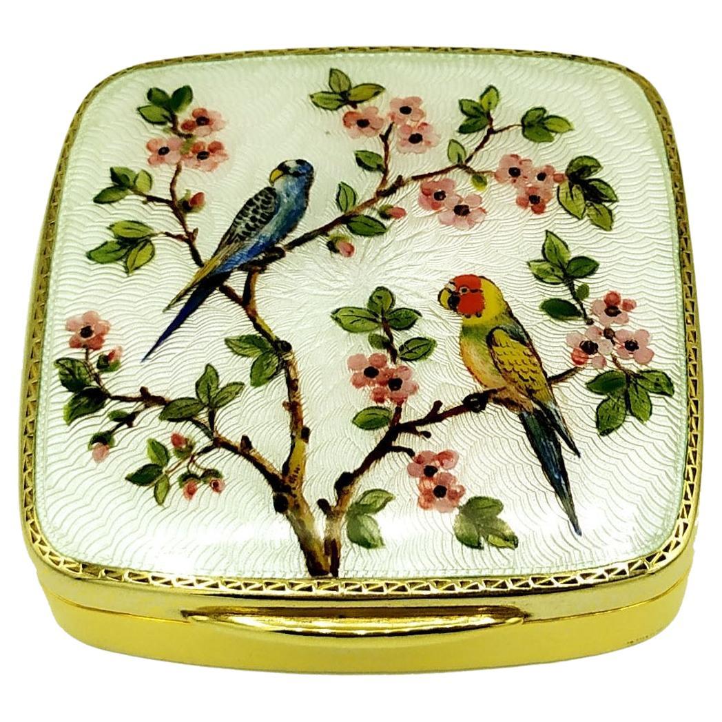 Snuff Box Parrotlets on Flowering Branches. Art Nouveau Style Sterling Silver En