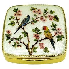 Snuff Box Parrotlets on Flowering Branches. Art Nouveau Style Sterling Silver En