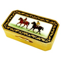 Caja de rapé carreras miniatura esmaltada al fuego guilloché y dibujo grabado Salimbeni