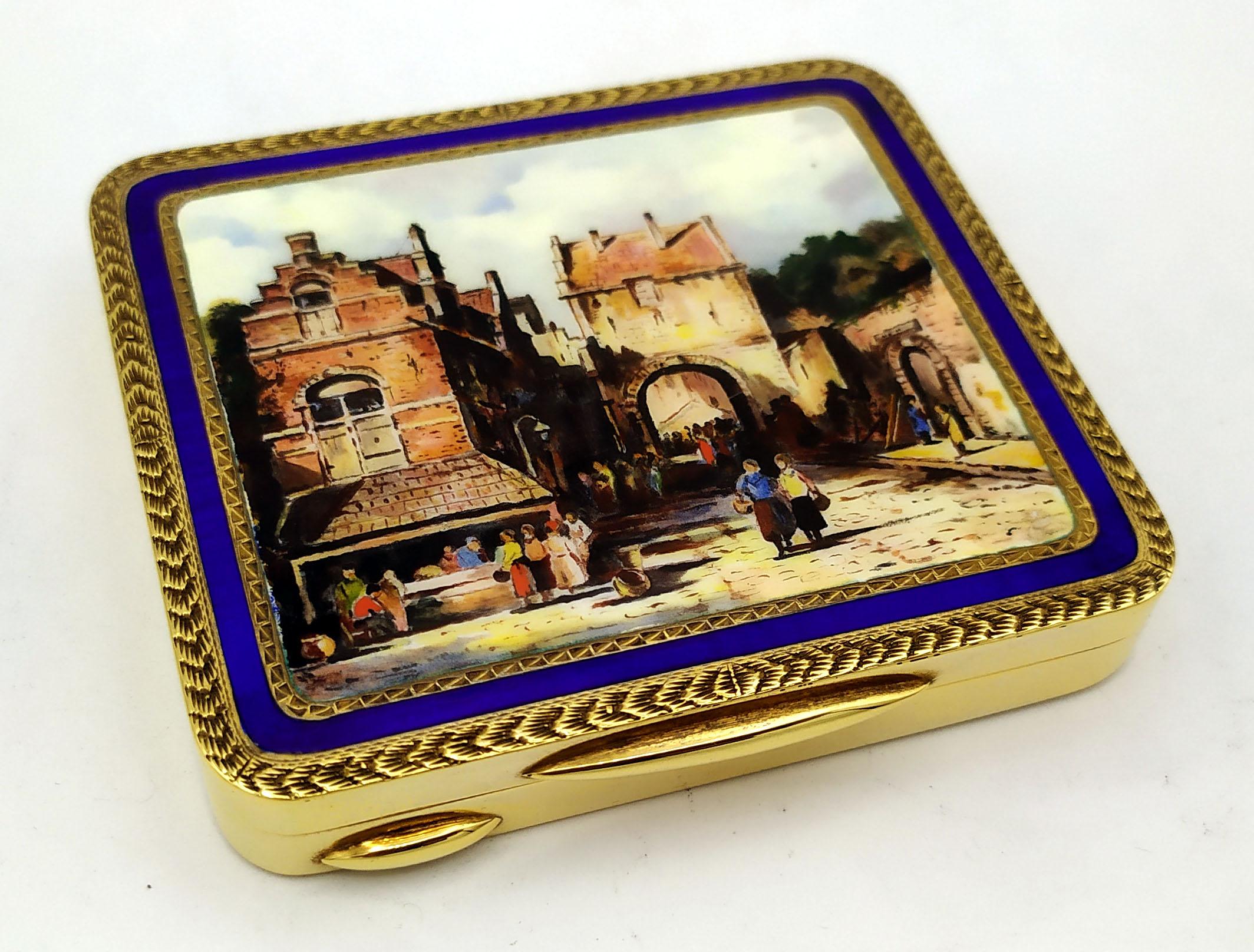Snuffbox Rectangular  for table with rounded corners in sterling silver 925/1000 gold plated with very fine fire-enamelled miniature hand-painted by the painter Renato Dainelli reproducing the painting of a Roman glimpse of the late 1800s by Franz