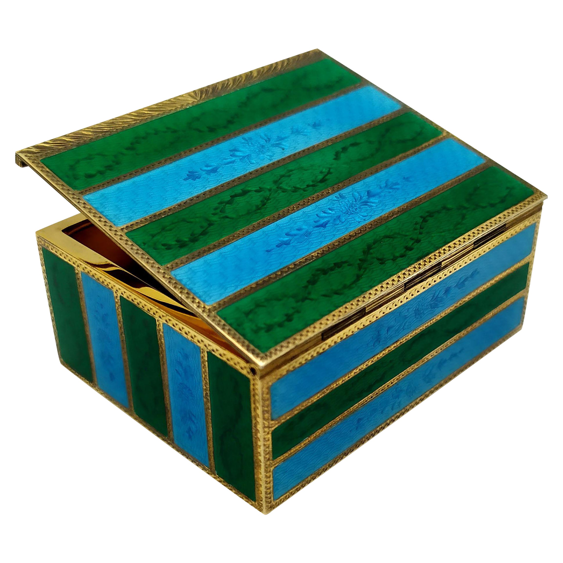 Snuff Box Sterling Silver Green and Sky Stripes Guilloche Enamel Box Salimbeni