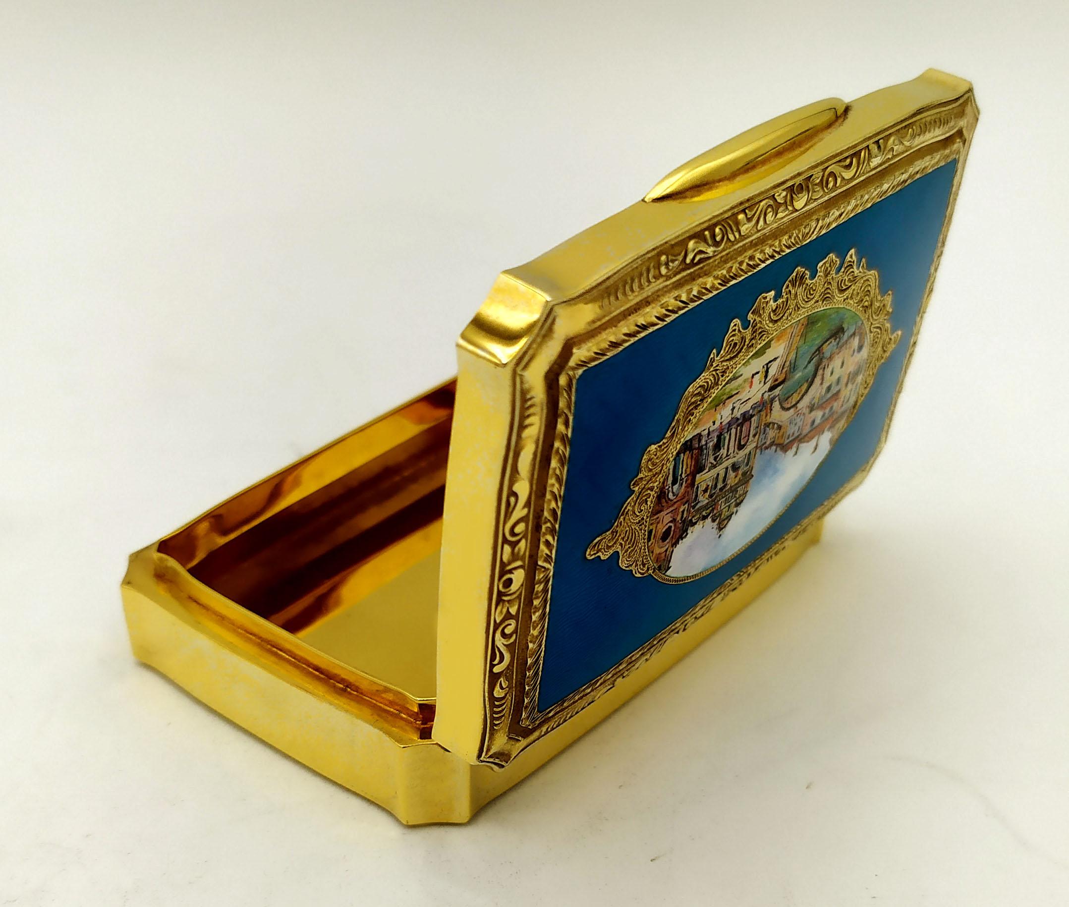 Hand-Painted Snuff Box Venetian landscape miniature Sterling Silver Salimbeni  For Sale