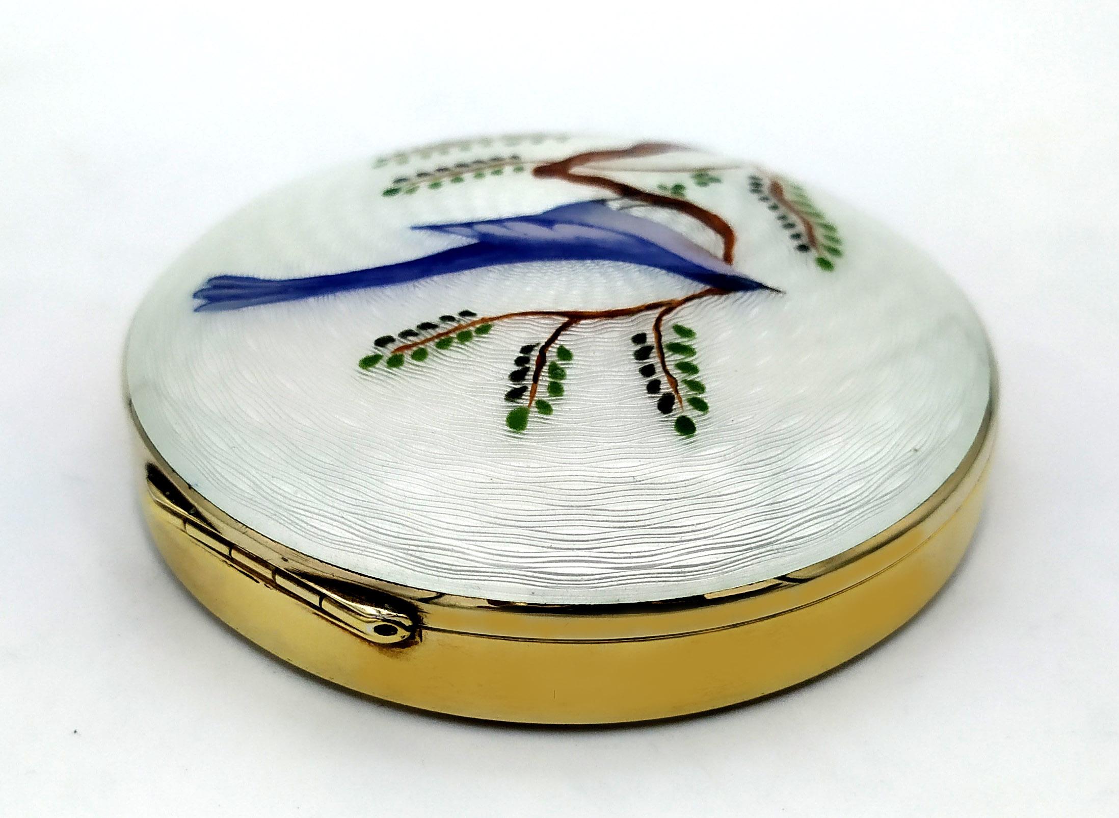 Schnupftabakdose aus weißer Kamin-Emaille mit Miniatur des Vogels Salimbeni (Ende des 20. Jahrhunderts) im Angebot