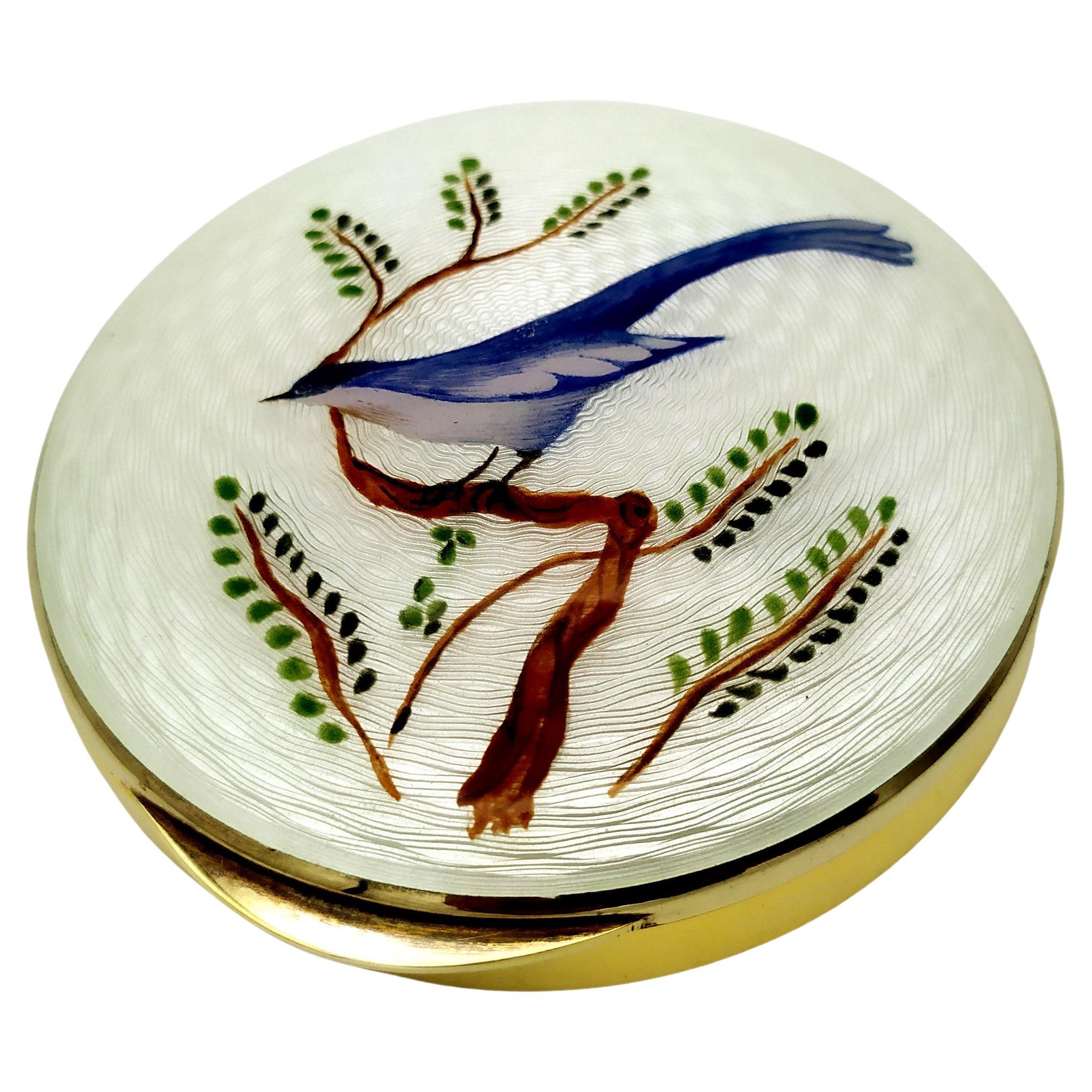 Snuff Box White Fire Enamel with Miniature of Bird Salimbeni For Sale