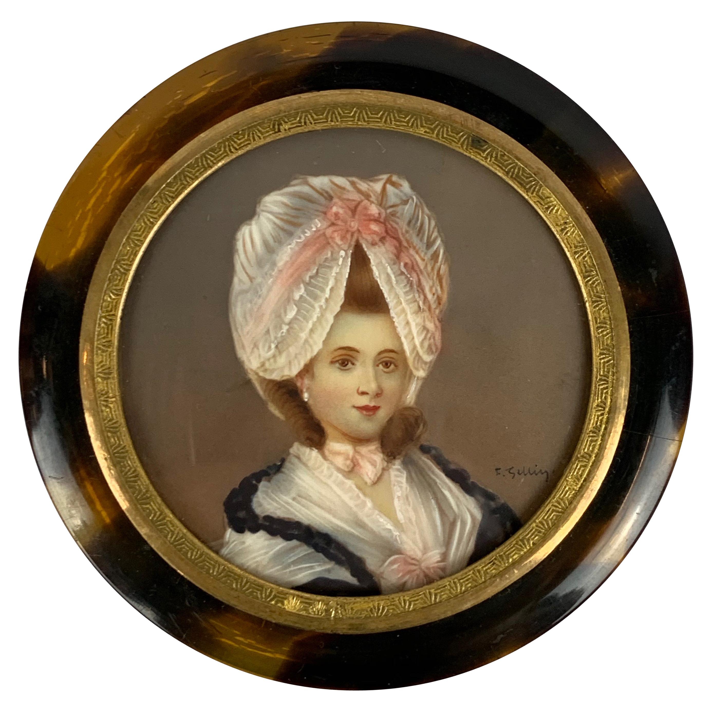 Miniature of a Lady on a Round Snuff Box, Signed-England, 19th c.