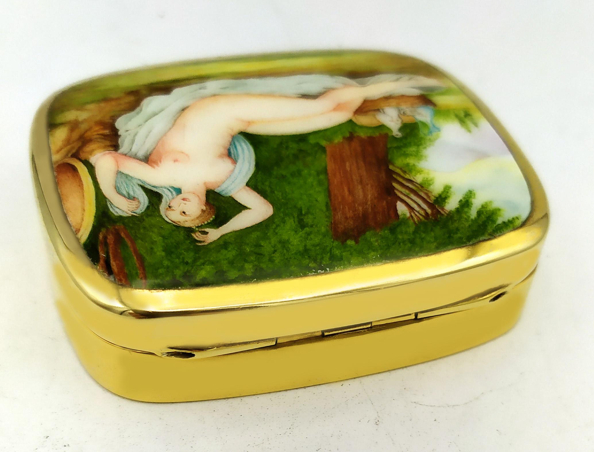 Italian Snuffbox Fired Enamel Miniature on Lid Sterling Silver Salimbeni For Sale