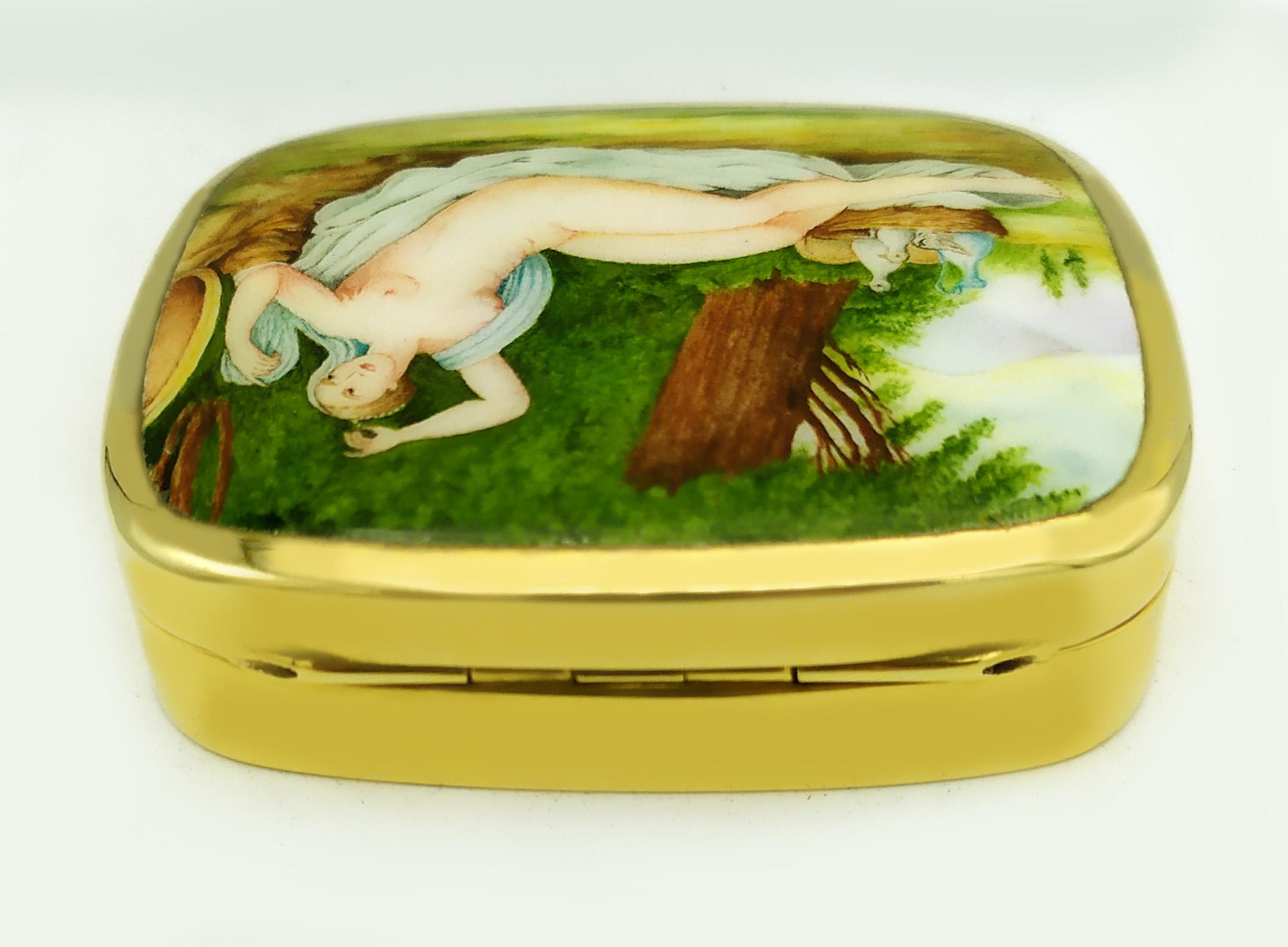 Hand-Carved Snuffbox Fired Enamel Miniature on Lid Sterling Silver Salimbeni For Sale
