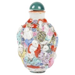 Antique Snuffbox Porcelain Decor of 18 Wise Embossed, Painted Hand, China, circa 1900