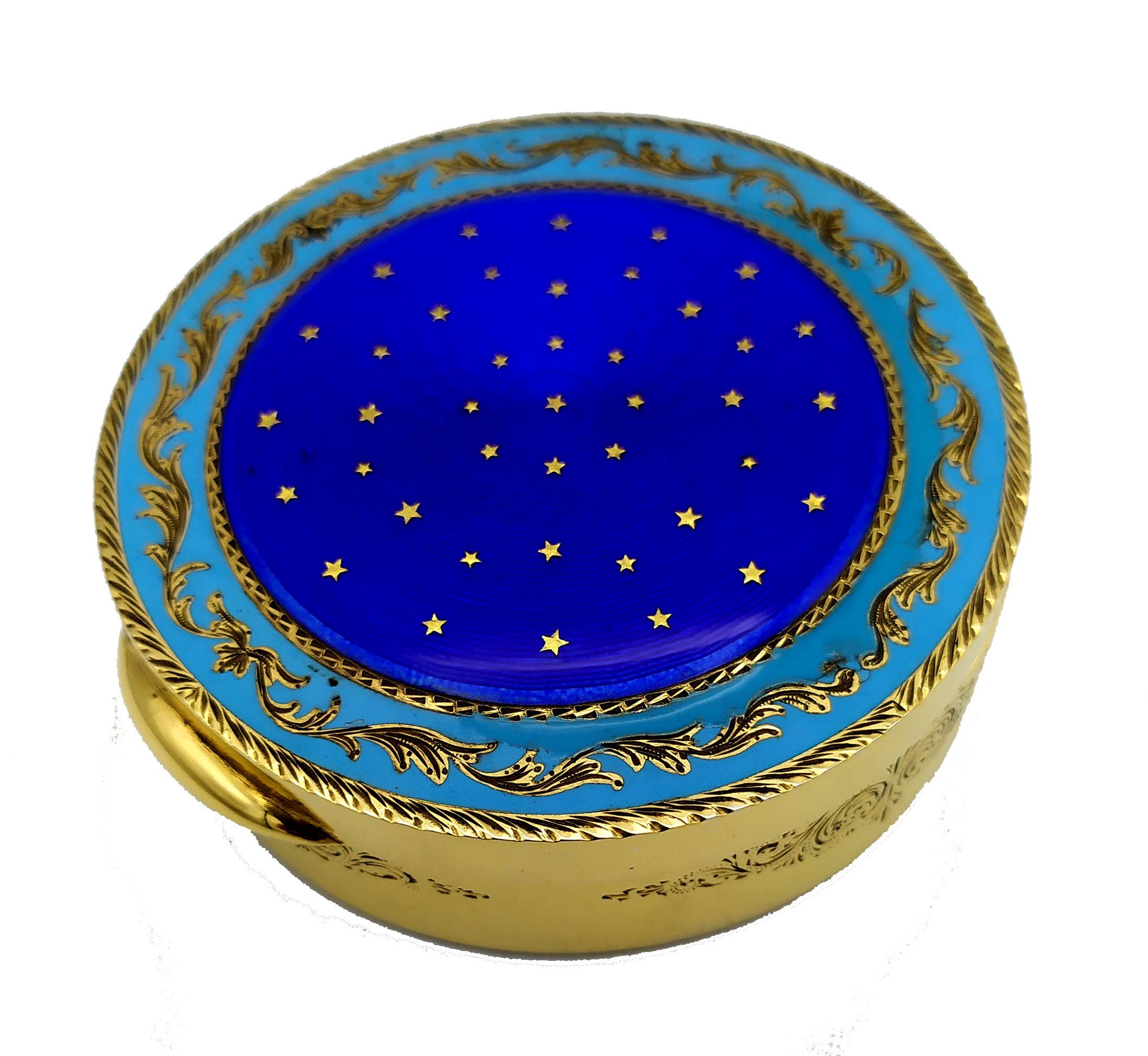 Baroque Snuff Box Round Guilloche Enamel Box Gold Paillons Stars of Sky Salimbeni For Sale