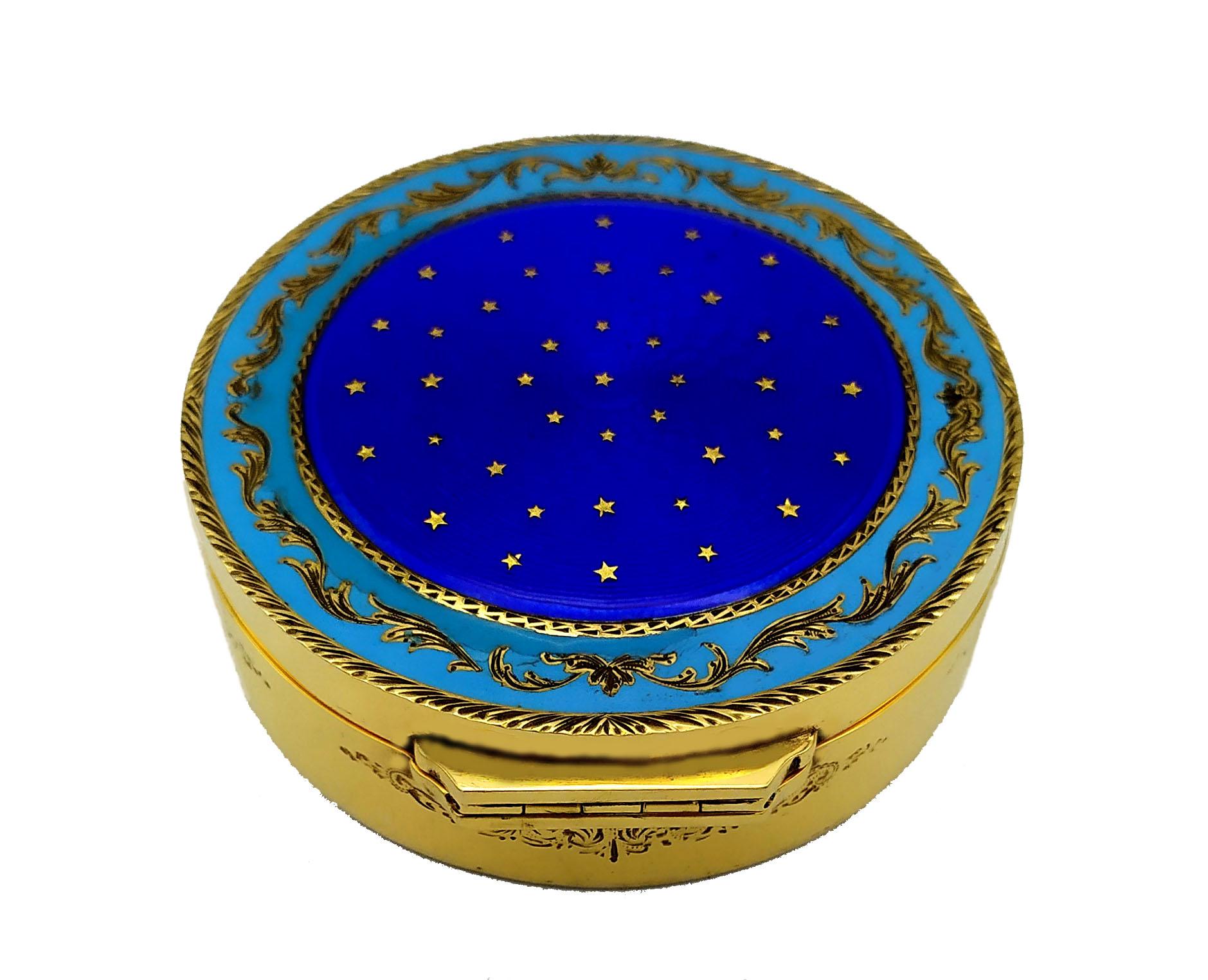 Italian Snuff Box Round Guilloche Enamel Box Gold Paillons Stars of Sky Salimbeni For Sale