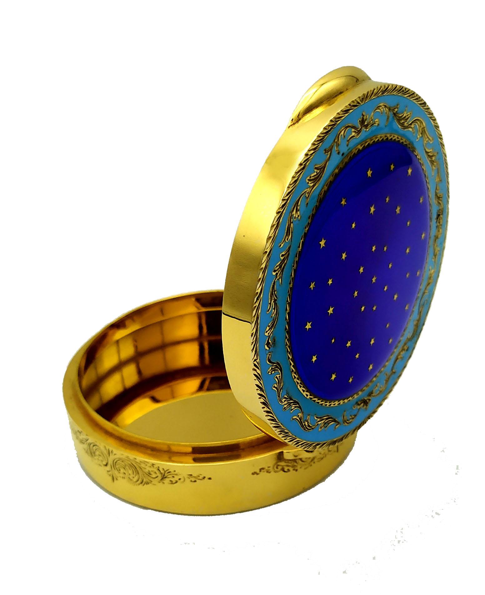 Hand-Carved Snuff Box Round Guilloche Enamel Box Gold Paillons Stars of Sky Salimbeni For Sale