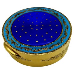 Vintage Snuff Box Round Guilloche Enamel Box Gold Paillons Stars of Sky Salimbeni