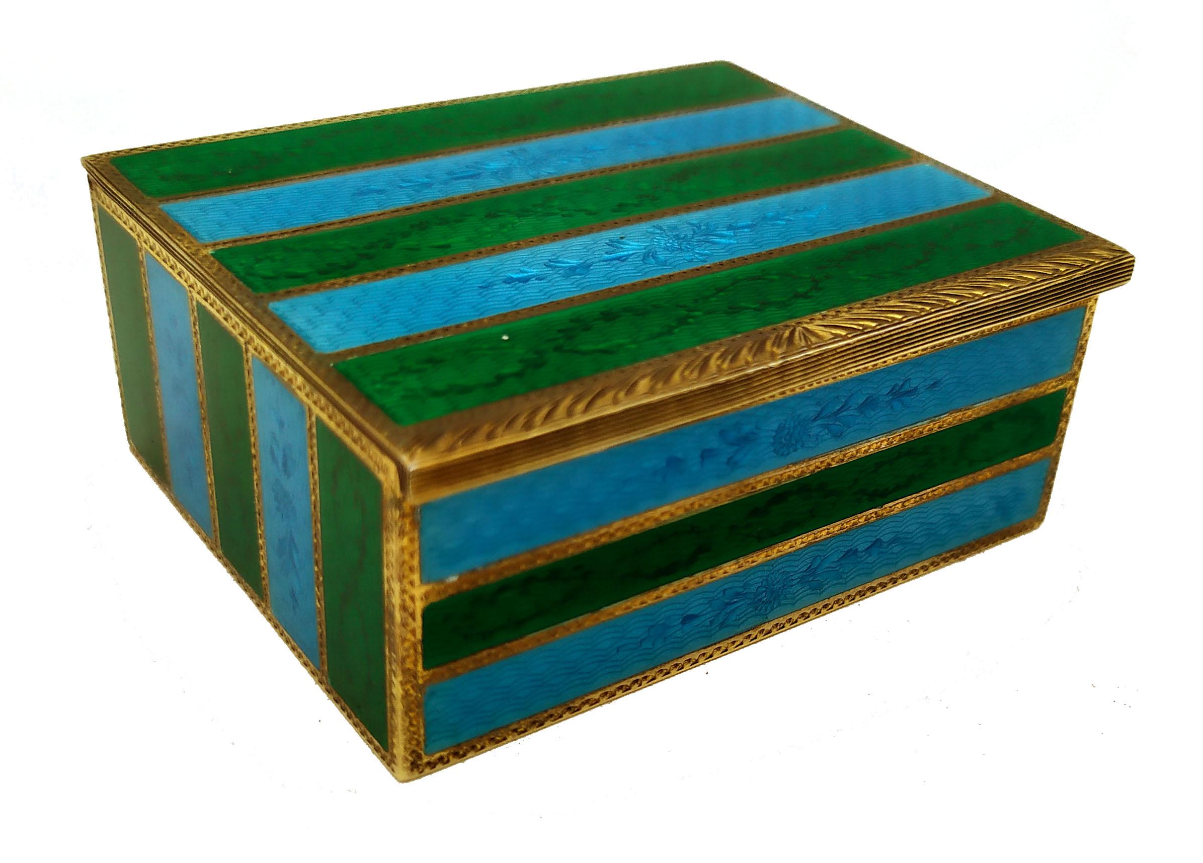 Mid-Century Modern Snuff Box Sterling Silver Green and Sky Stripes Guilloche Enamel Box Salimbeni For Sale