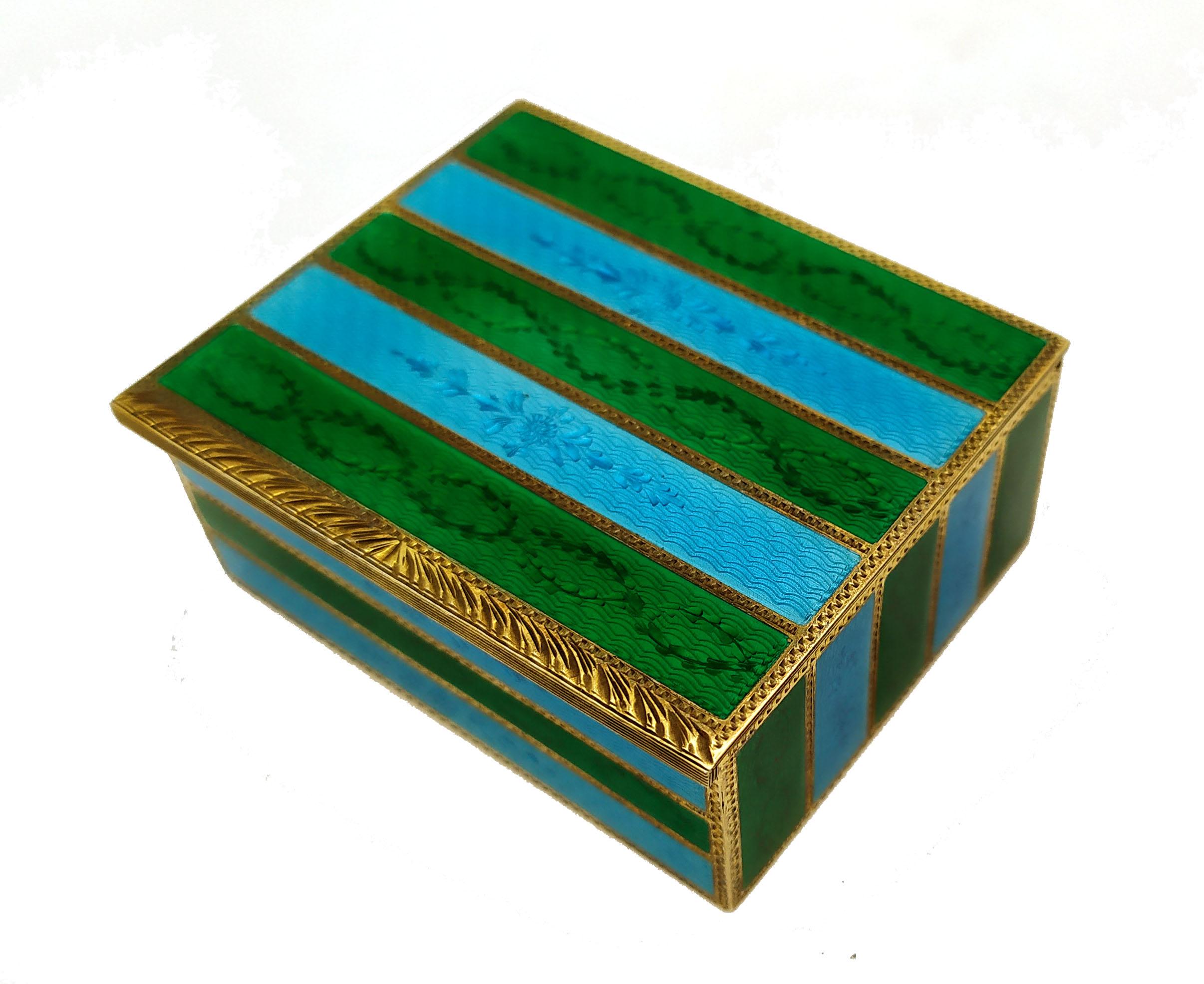 Italian Snuff Box Sterling Silver Green and Sky Stripes Guilloche Enamel Box Salimbeni For Sale
