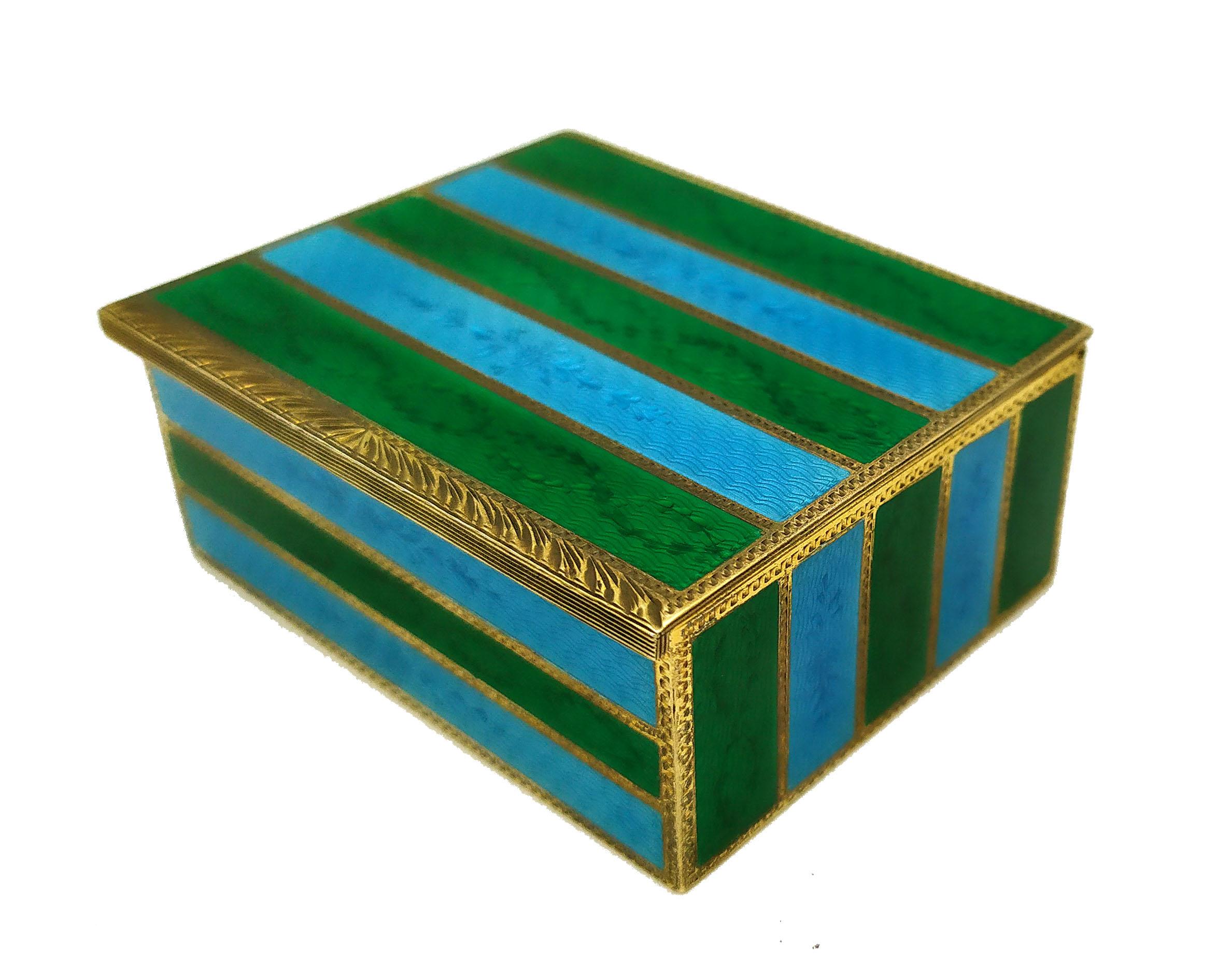 Hand-Carved Snuff Box Sterling Silver Green and Sky Stripes Guilloche Enamel Box Salimbeni For Sale