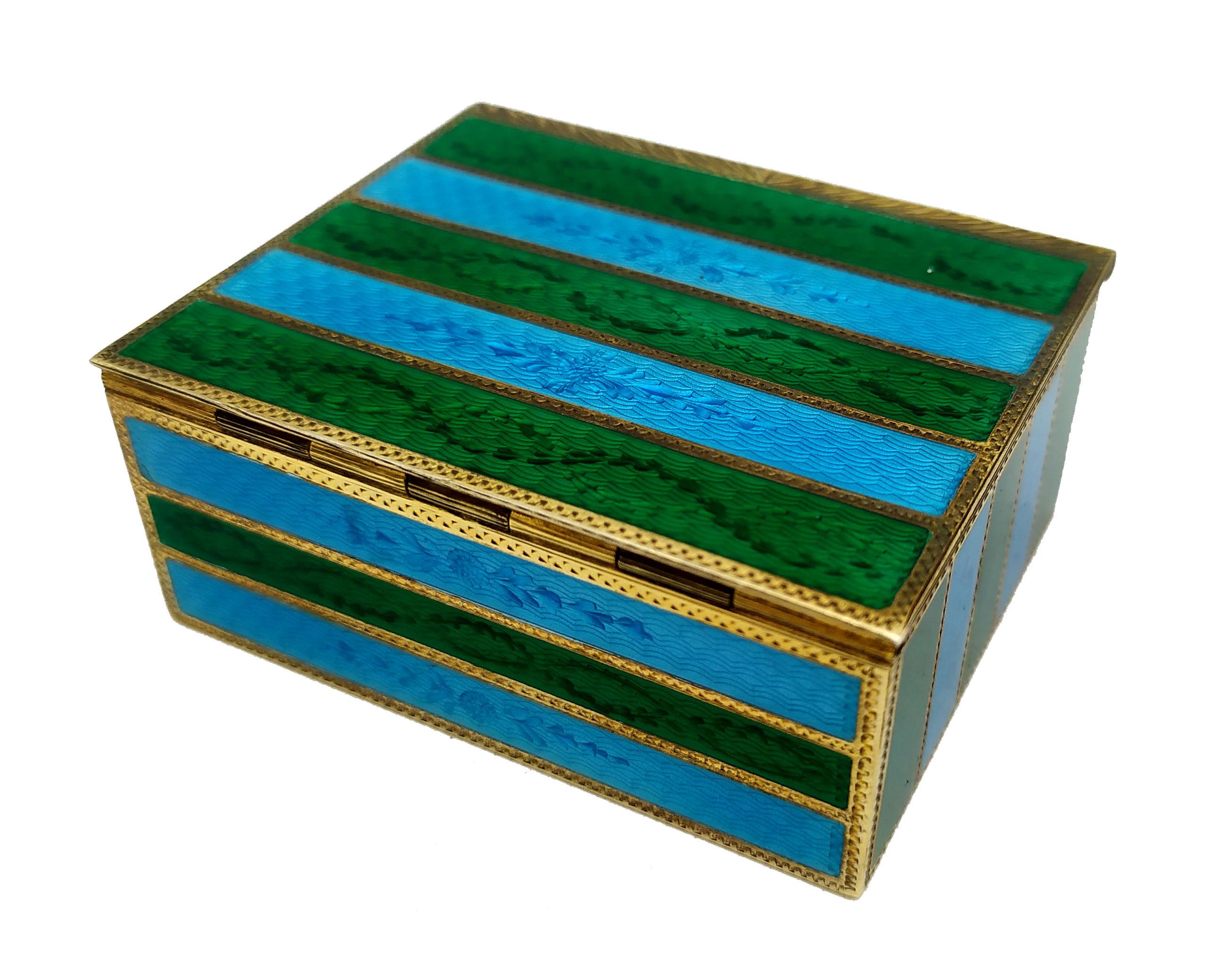 Late 20th Century Snuff Box Sterling Silver Green and Sky Stripes Guilloche Enamel Box Salimbeni For Sale