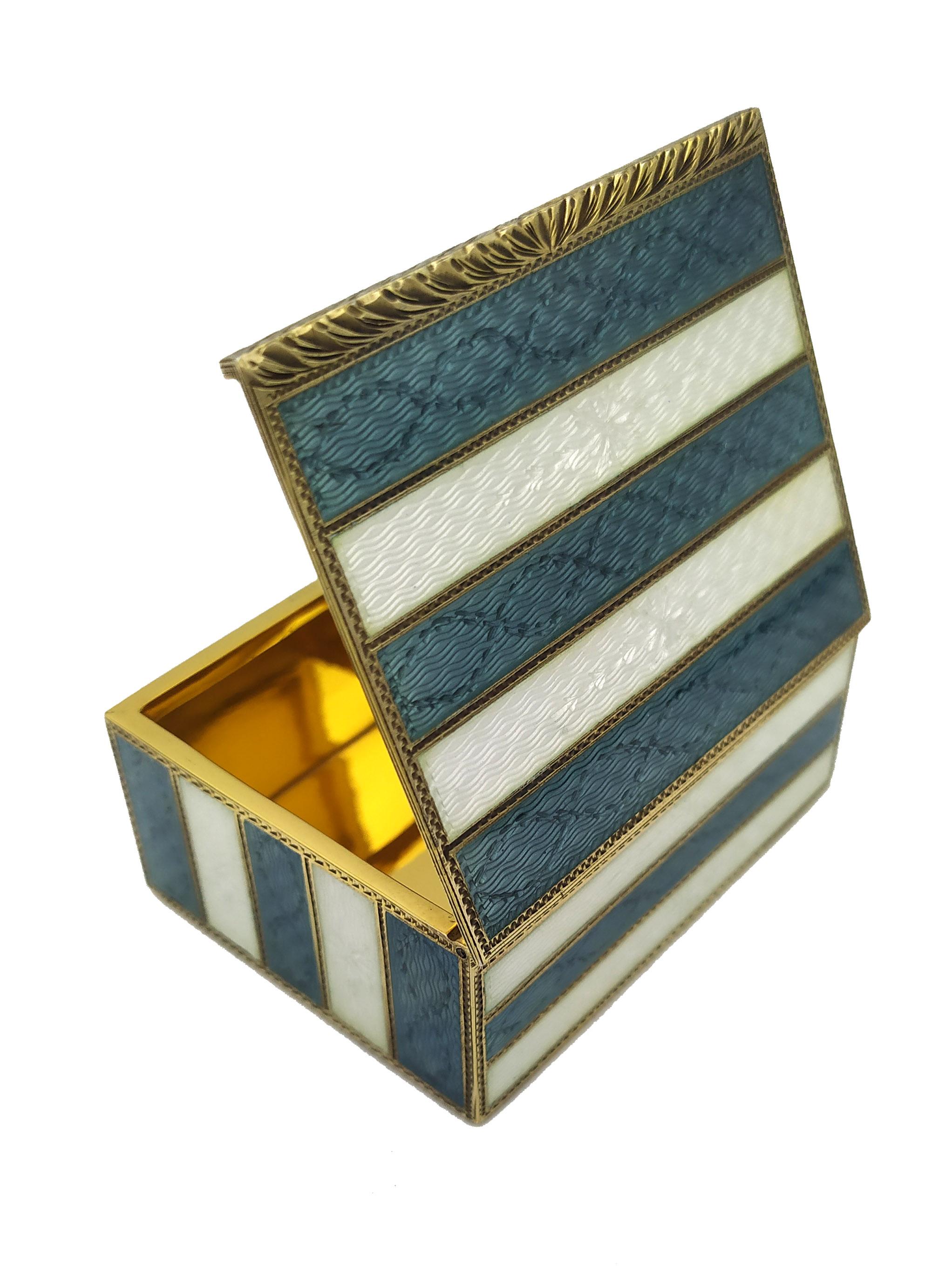 Hand-Carved Snuffbox two-tones enamel stripes Guilloche Sterling Silver Salimbeni For Sale