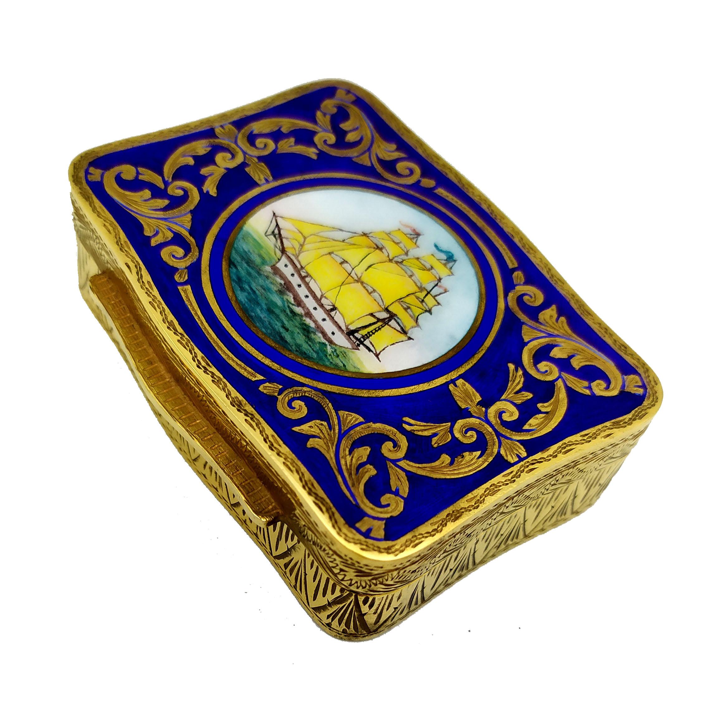 Shaped snuffbox in 925/1000 sterling silver gold plated with fired enamel inserted in a fine hand engraving and with round miniature diameter cm. 3.3 hand painted always with fire enamels depicting a sailing ship. Early 19th century Viennese Baroque