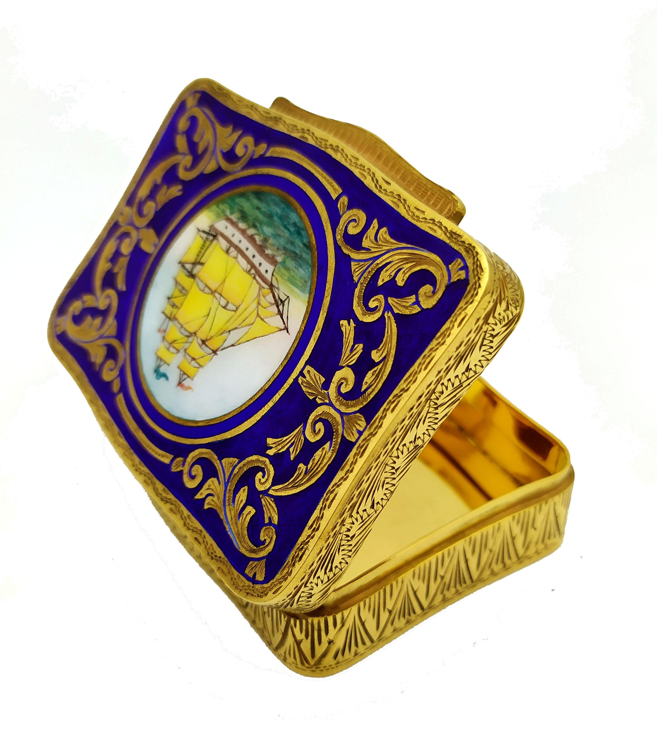 Late 20th Century Snuffbox Vessel Miniature Hand-Painted Sterling Silver Enamel Salimbeni For Sale