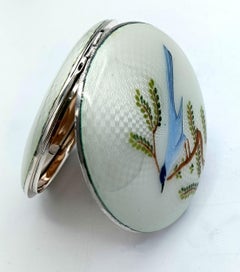 Snuffbox white enamel sterling silve stylised birdr miniature on the lid Salimba