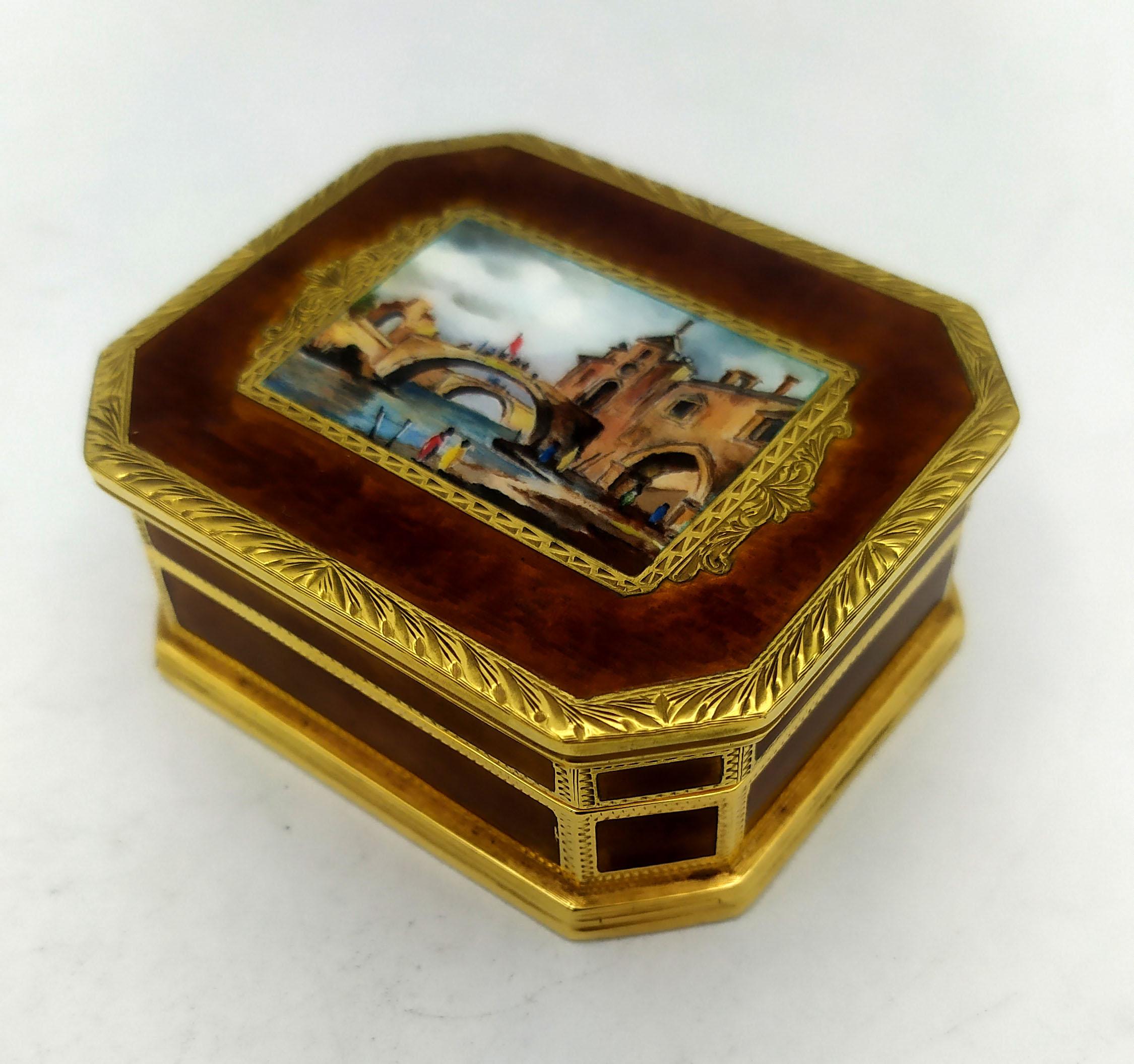 Italian Snuffbox with miniature of Venice, English Queen Anne style, 925 silver Salimben For Sale