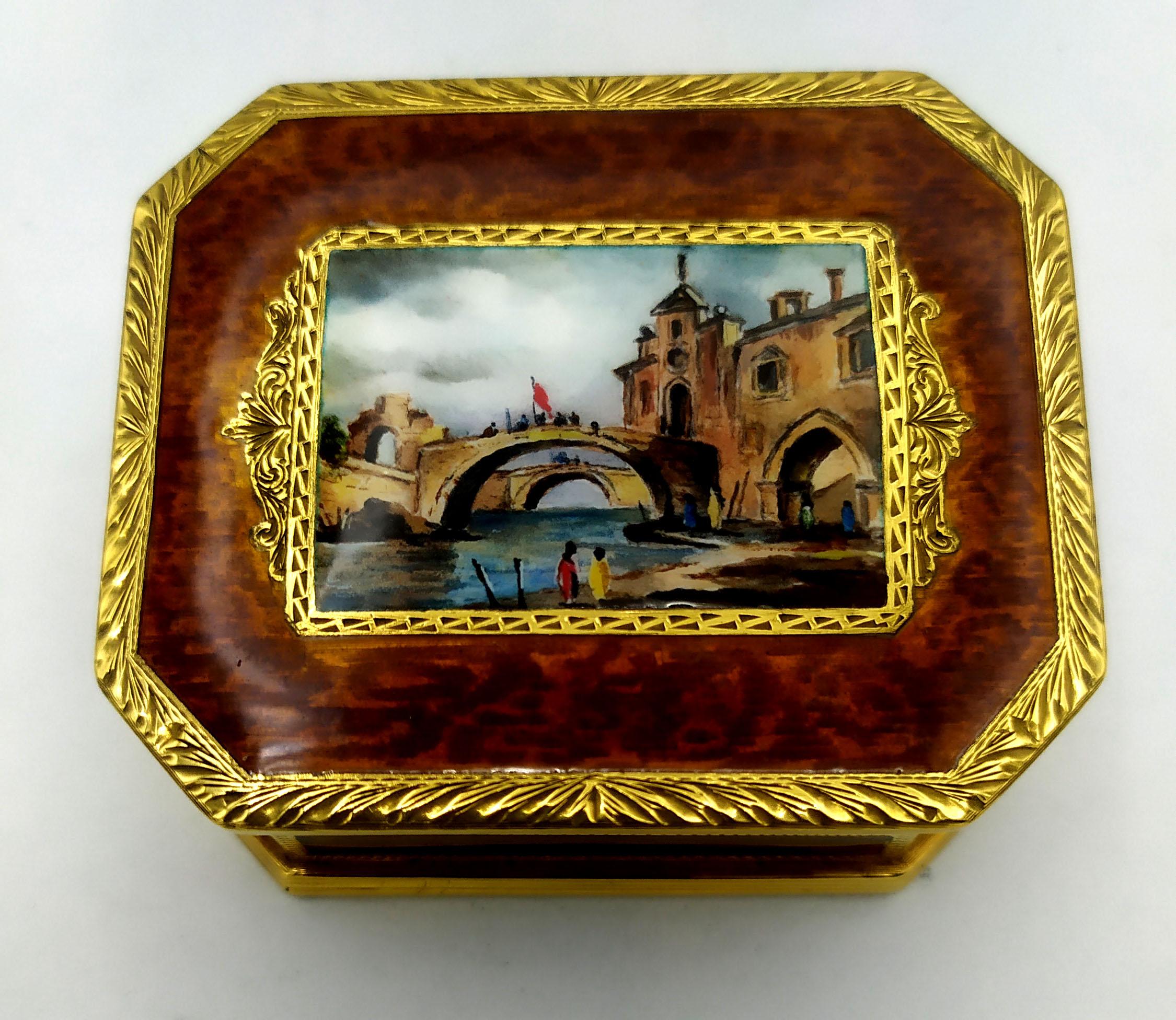 Hand-Carved Snuffbox with miniature of Venice, English Queen Anne style, 925 silver Salimben For Sale