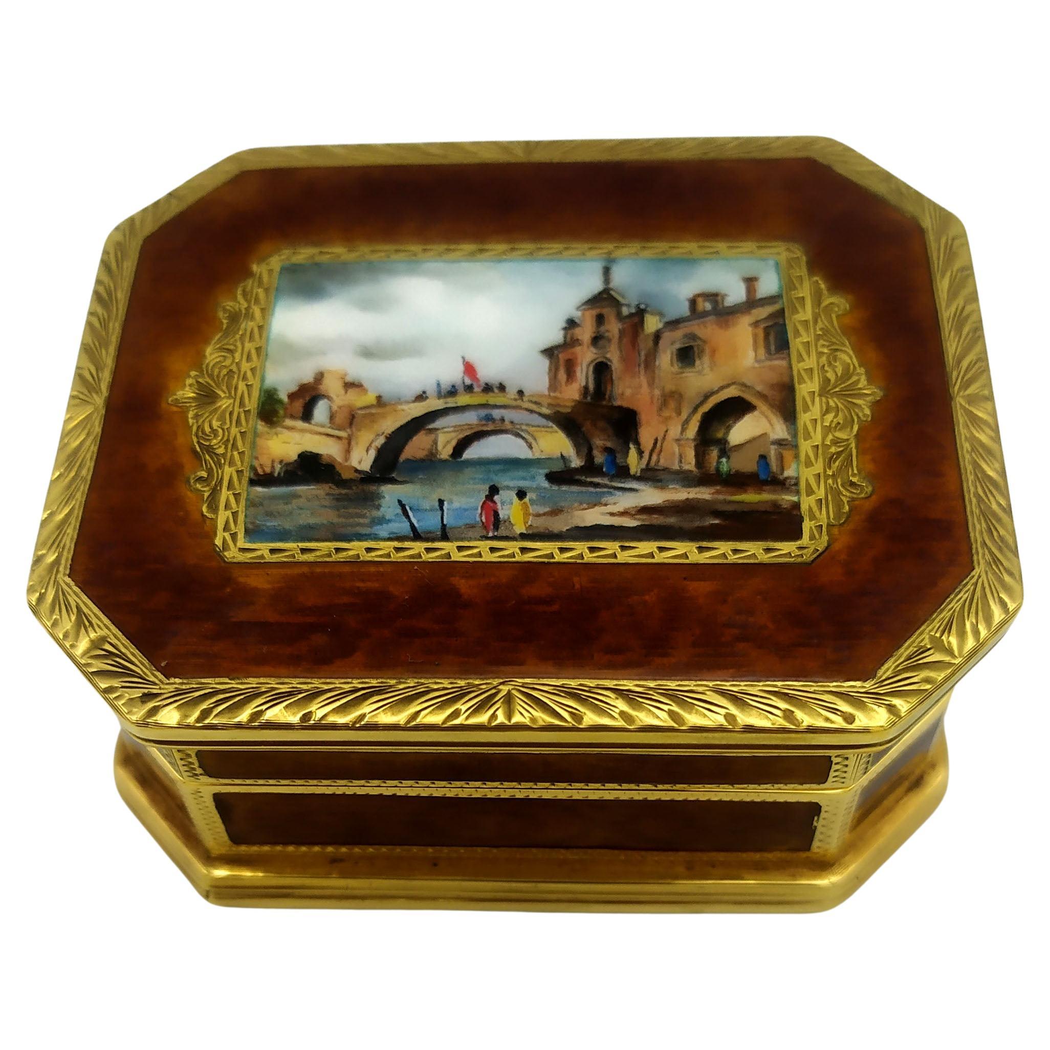 Snuffbox with miniature of Venice, English Queen Anne style, 925 silver Salimben For Sale
