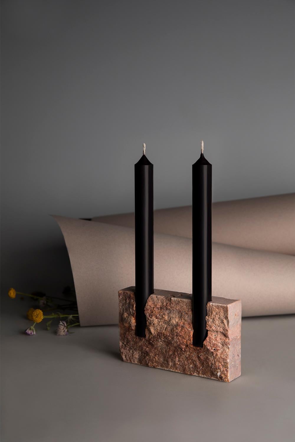 Hand-Crafted Snug Candleholder in 'Raw' Red Travertine by Sanna Völker For Sale