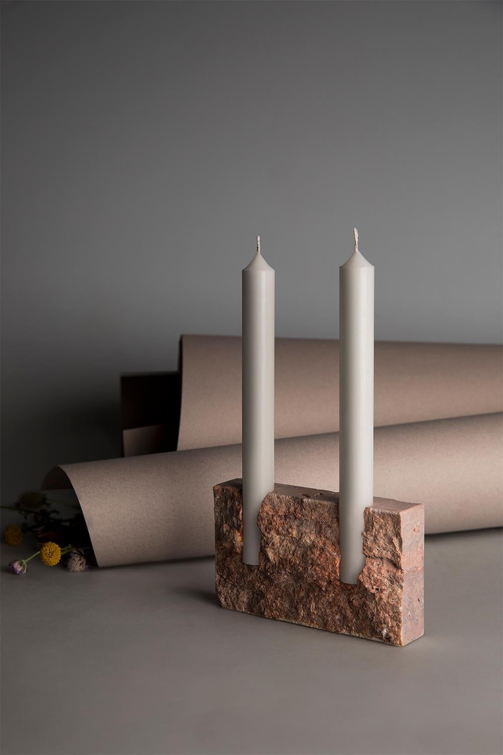 Snug Candleholder in 'Raw' Red Travertine by Sanna Völker In New Condition For Sale In BARCELONA, ES