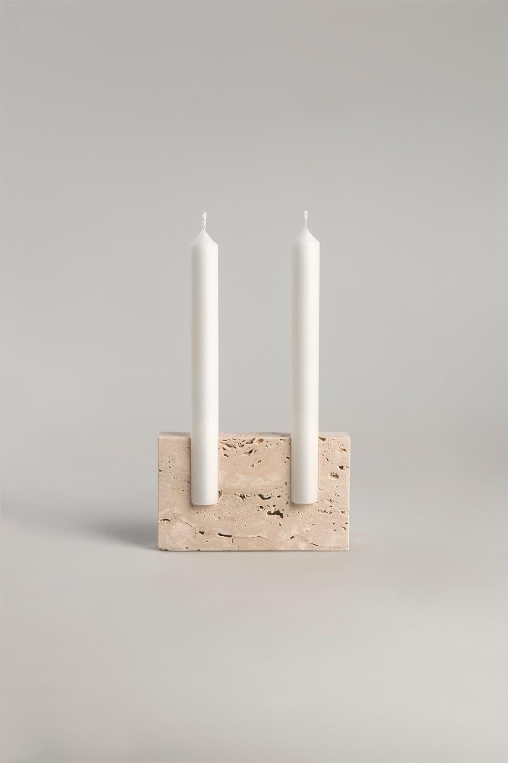 Spanish Snug Candleholder in 'Smooth' Bone White Travertine by Sanna Völker For Sale