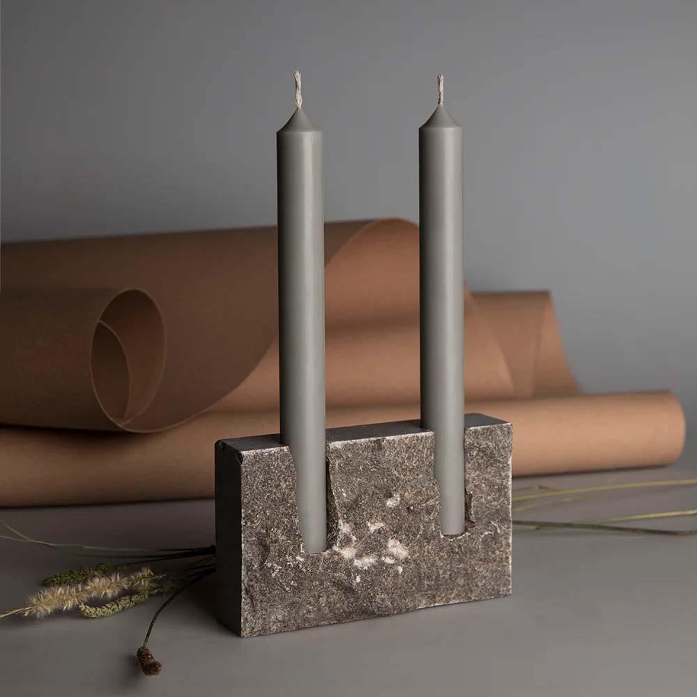 Spanish Snug in Grey Sant Vicent Travertine Candle Holder For Sale