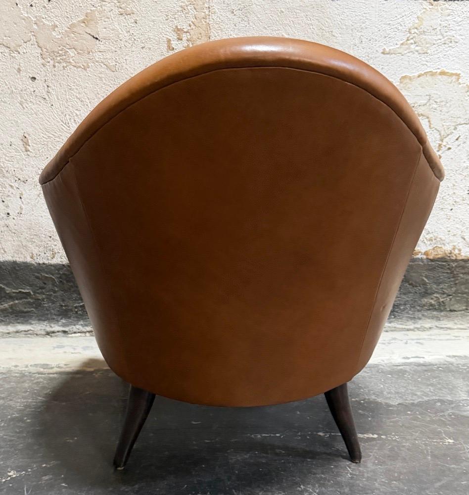 Woodwork Snygg Caramel Leather Lounge Chair by BJÖRK STUDIO For Sale