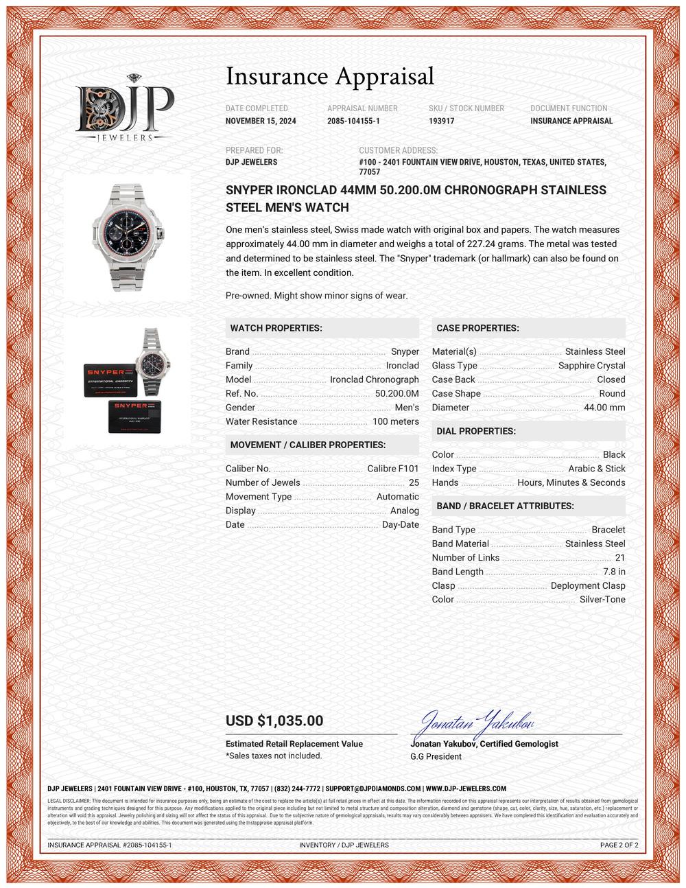 Marke: Snyper 

Geschlecht: Männer 

Metalltyp: Rostfreier Stahl 

Durchmesser: 44,00 mm 

Gewicht: 227,24 Gramm

Eine Schweizer Herrenuhr aus Edelstahl mit Originalbox und -papieren. Das Metall wurde getestet und als rostfreier Stahl eingestuft.