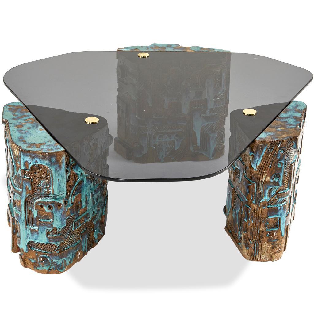 Glazed So Disco Modern 70's Inspired Ceramic Glass & Brass Coffee Table by Egg Designs  For Sale